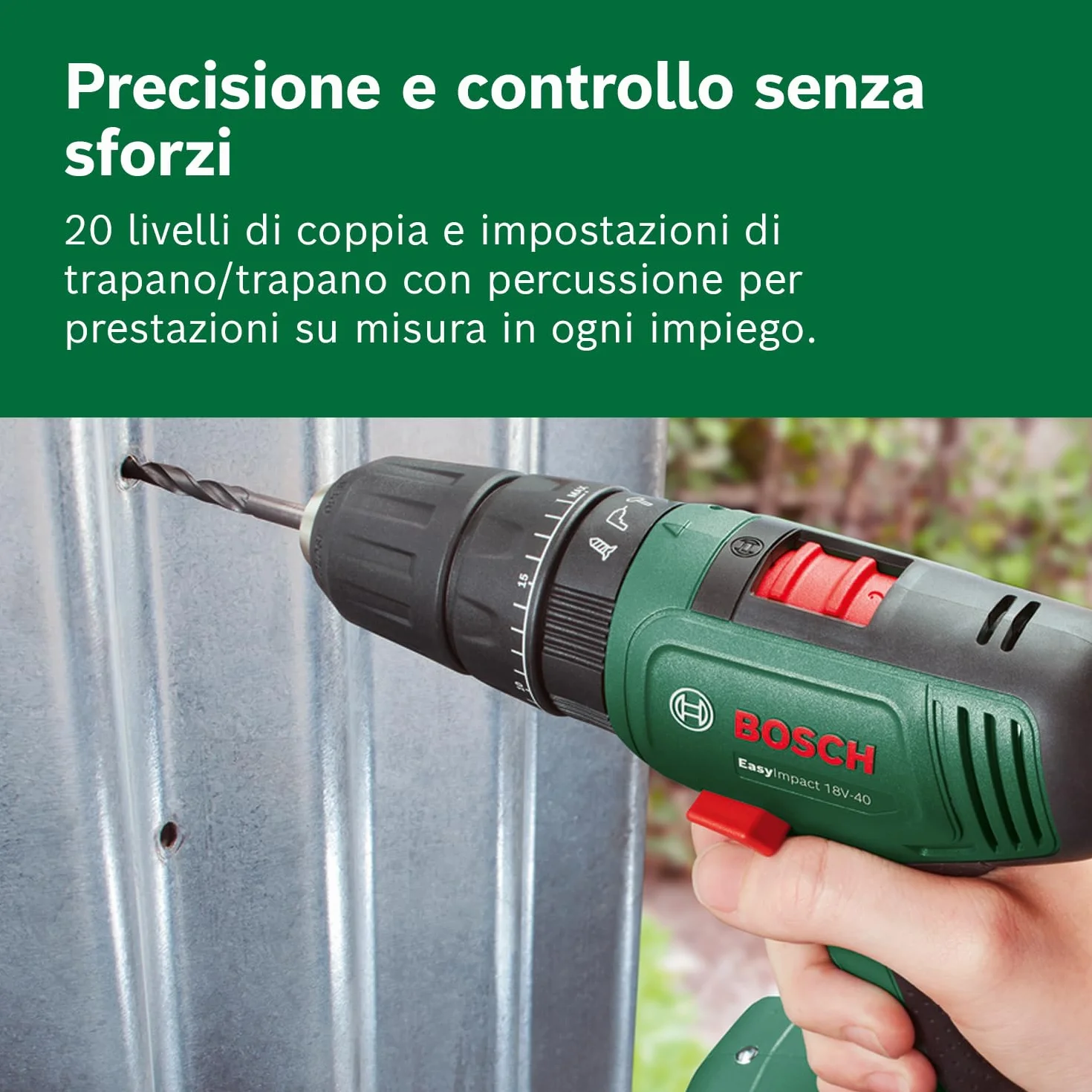 Bosch Home and Garden, Trapano con Percussione a Batteria EasyImpact 18 V-40 (2 Batterie da 2.0 Ah, Sistema 18 Volt, in Custodia per il Trasporto), Easyimpact 18 V-40, Mandrino 13mm
