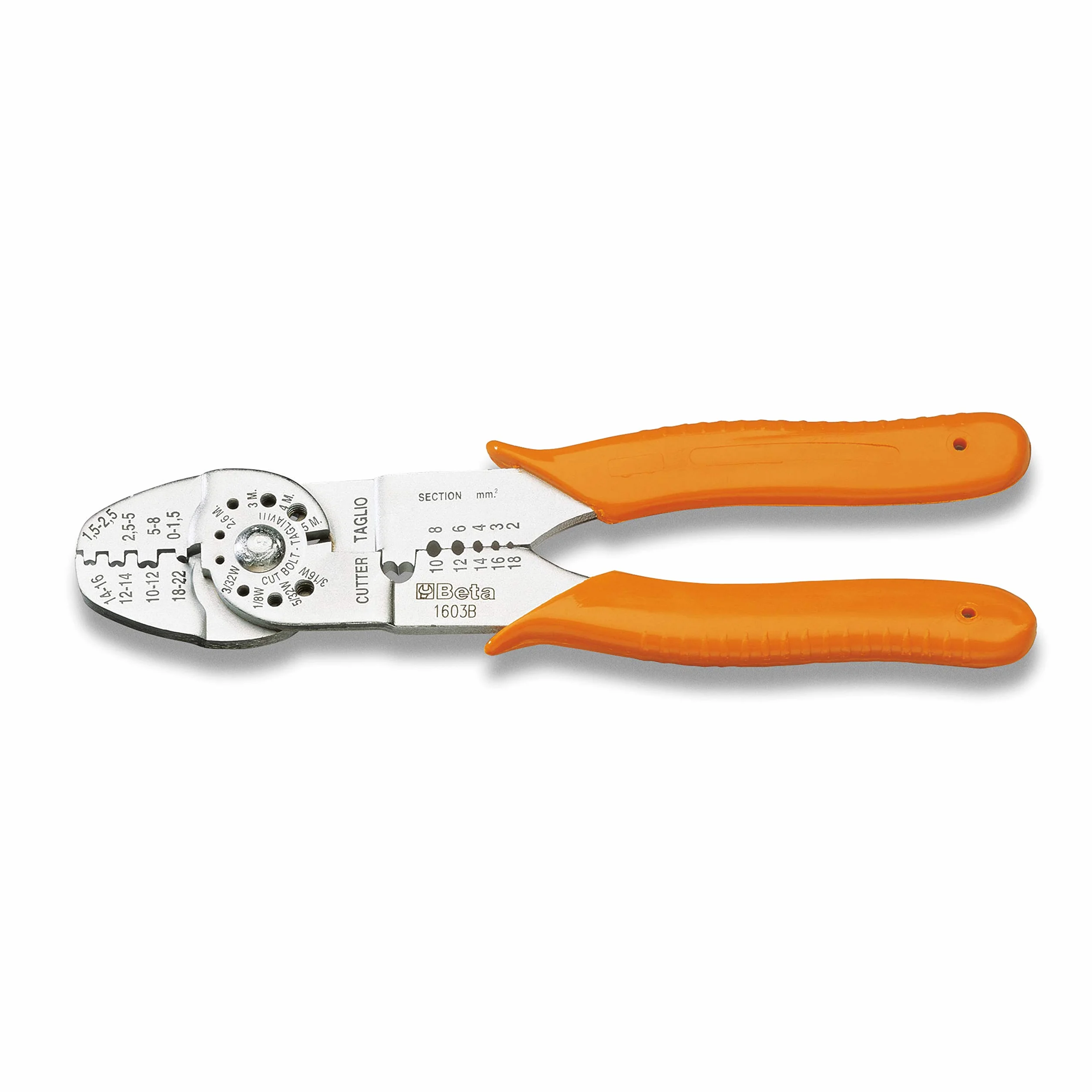 BETA - Pinza per Capicorda Non Isolati Aperti Modello Standard, Pinza Crimpatrice Professionale per Terminali Elettrici e Connettori, Cavi 0-8 mm² Lunghezza 220 mm, Utensile Elettricista, 1603B