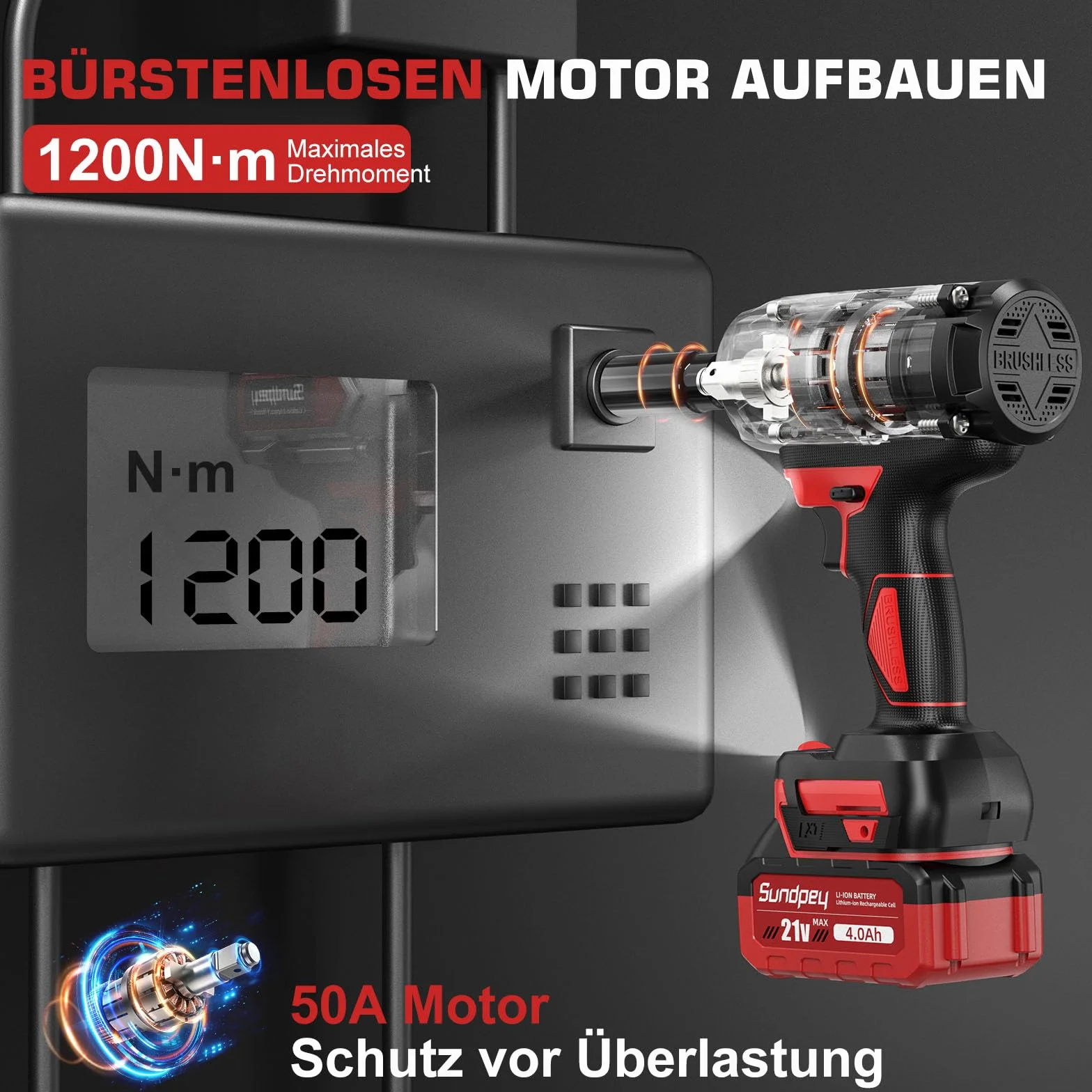 Avvitatore ad Impulsi a Batteria 1200 Nm 1/2" con 2 Batterie 4.0Ah, 6 Bussoli per Auto, Cantiere, Camion