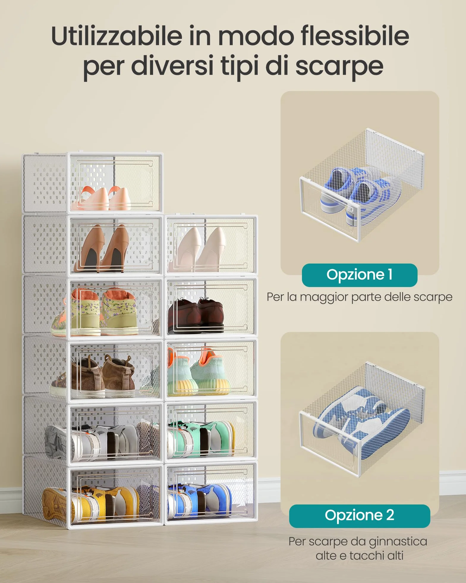 SONGMICS Scatole per Scarpe Pieghevoli e Impilabili Set di 18 Trasparente Bianco Nuvola LSP066W18