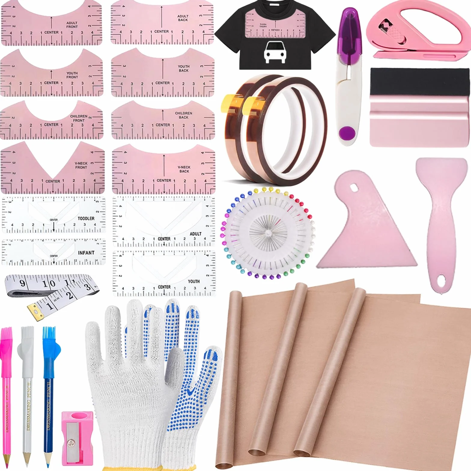 Set di 68 Pezzi Fogli di Teflon per Maglietta,12 Guida del Righello Della Maglietta T-Shirt 3 Fogli di Teflon per Pressa a Caldo 2 Nastro Resistente al Calore per Accessori da Cucito Sublimazione