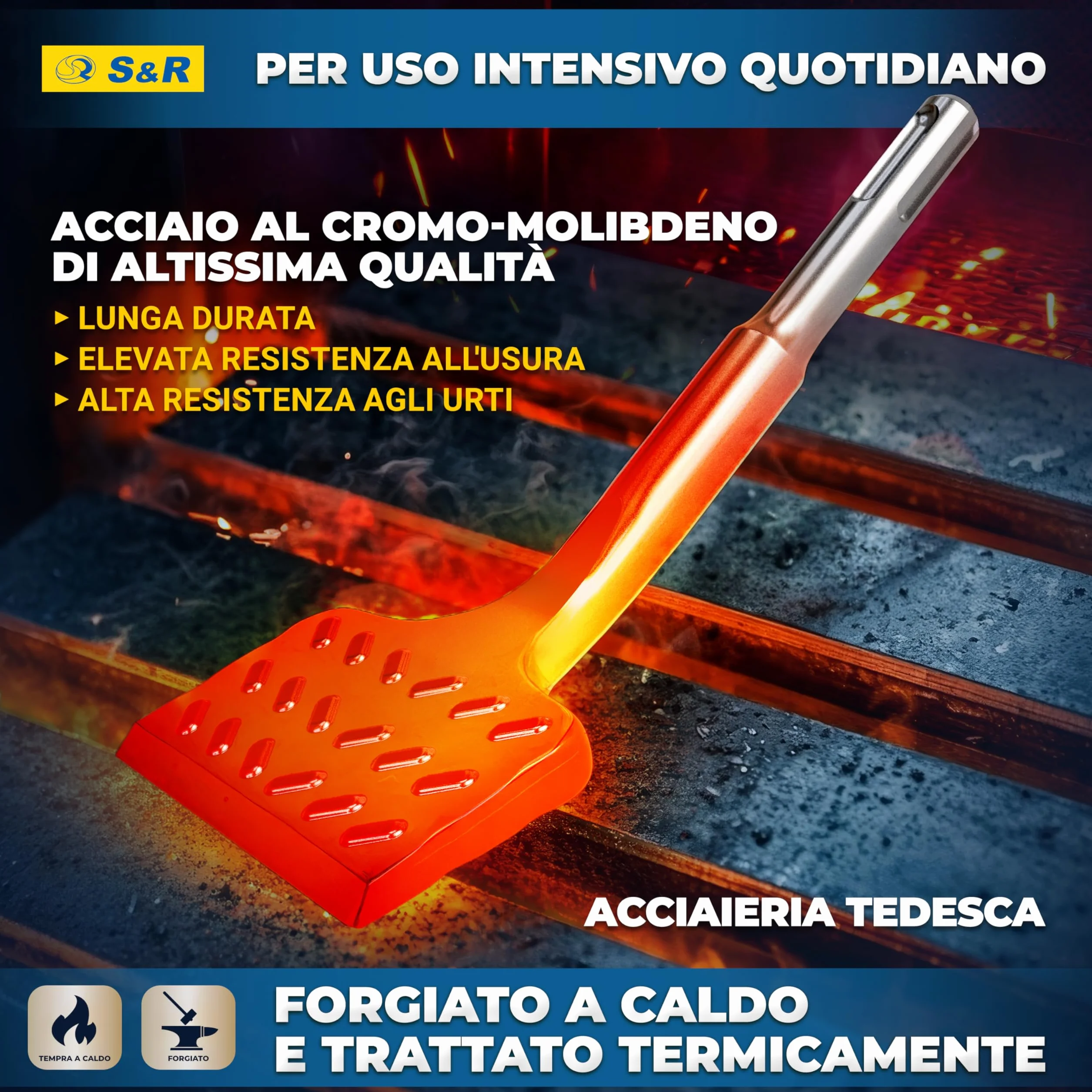 S&R Scalpello SDS-plus Angolato Piastrelle/Muro 180/165x75mm, MADE IN GERMANY Spatola Curva. Qualità Industriale.