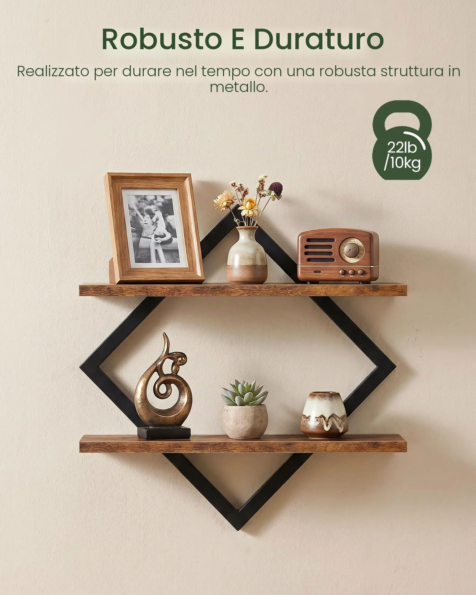 CHOEZON Mensole da Parete Sospeso, Set da 2 Scaffali da Parete a 2 Livelli, Mensole Sospese per Soggiorno, Camera da Letto, Cucina, Ufficio, Studio, Marrone Vintage e Nero DTBJ01P2BF
