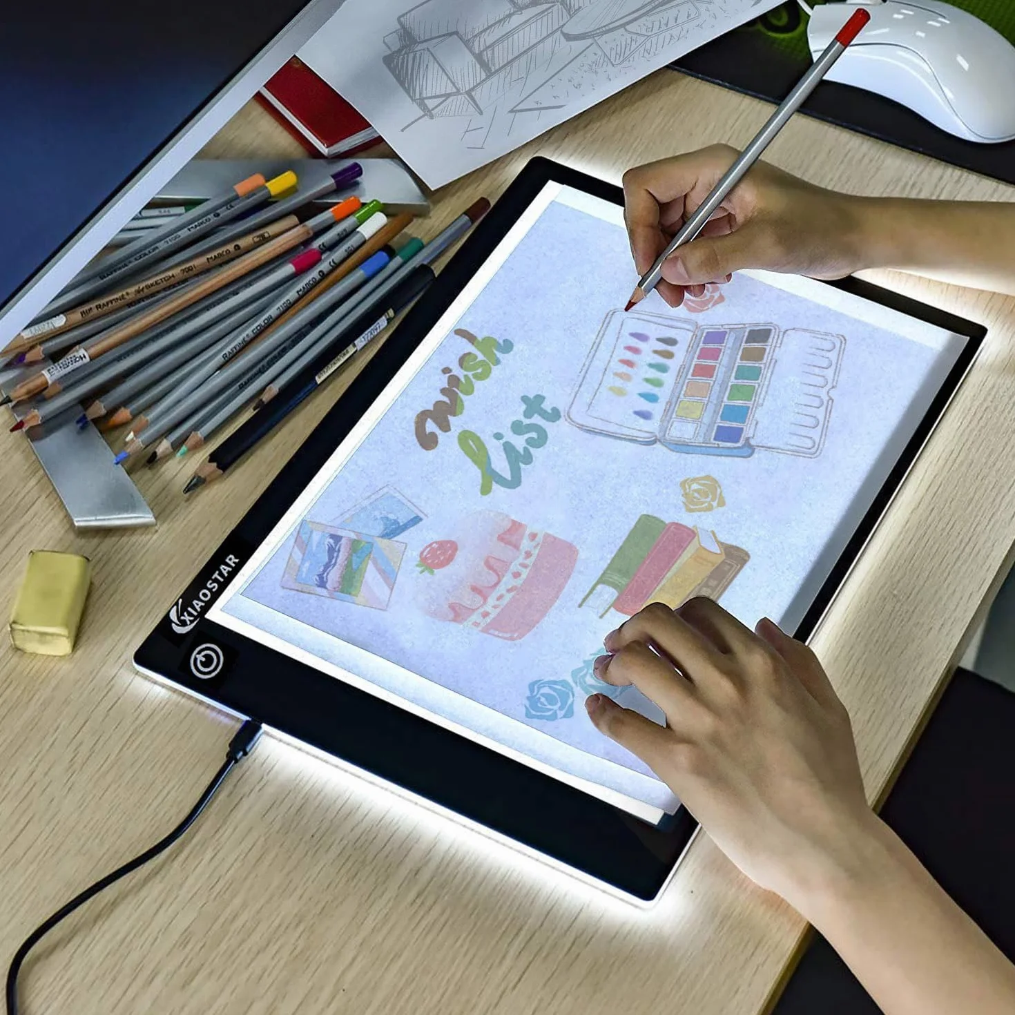 Tavoletta luminosa LED A4, lavagna copiativa a LED A4, sottilissima per tavolo da disegno con cavo USB con luminosità regolabile