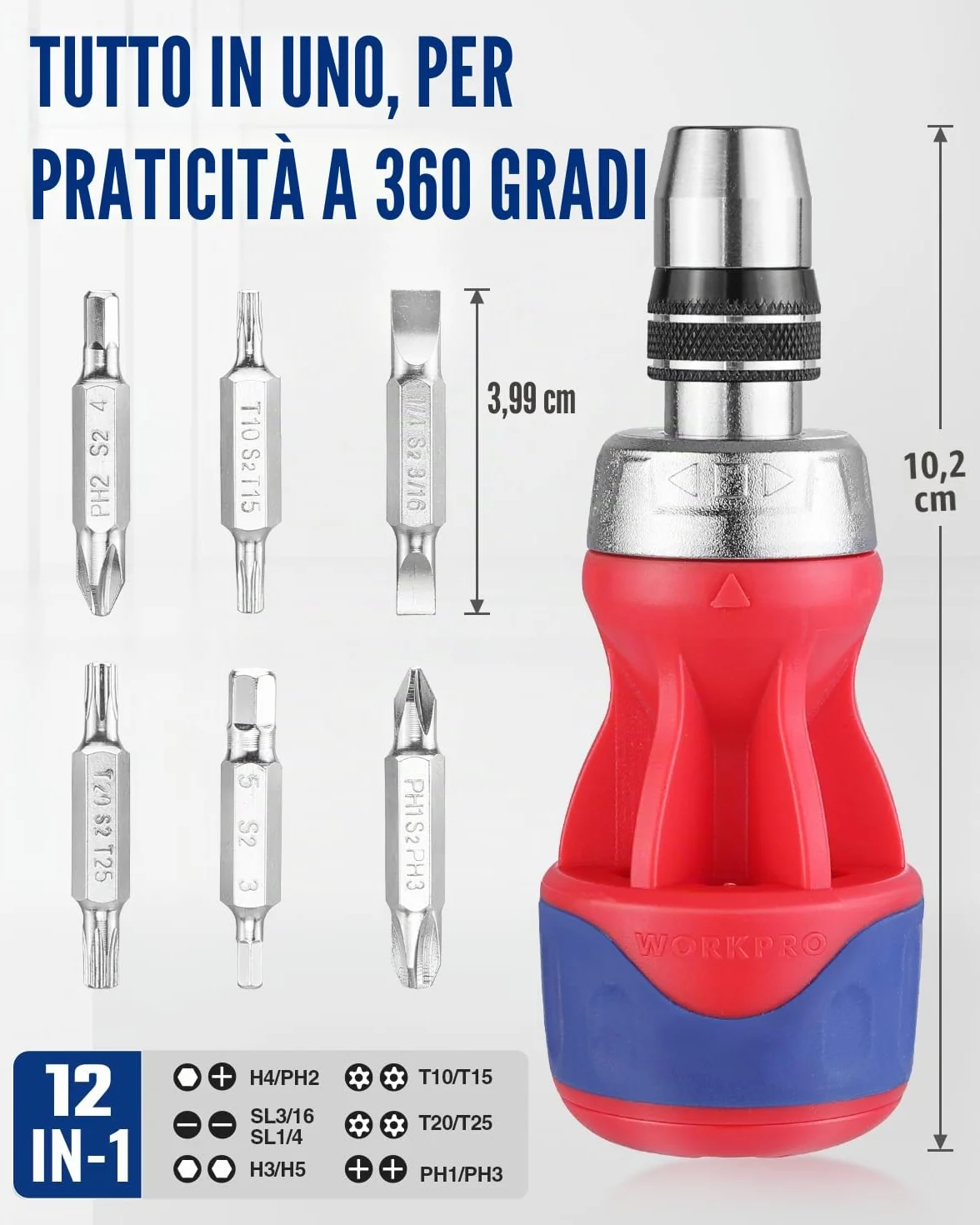 WORKPRO Cacciavite a cricchetto 12 in 1 a più punte tozze, driver a vite corti con meccanismo magnetico, a caricamento rapido, acciaio S2 di alta qualità