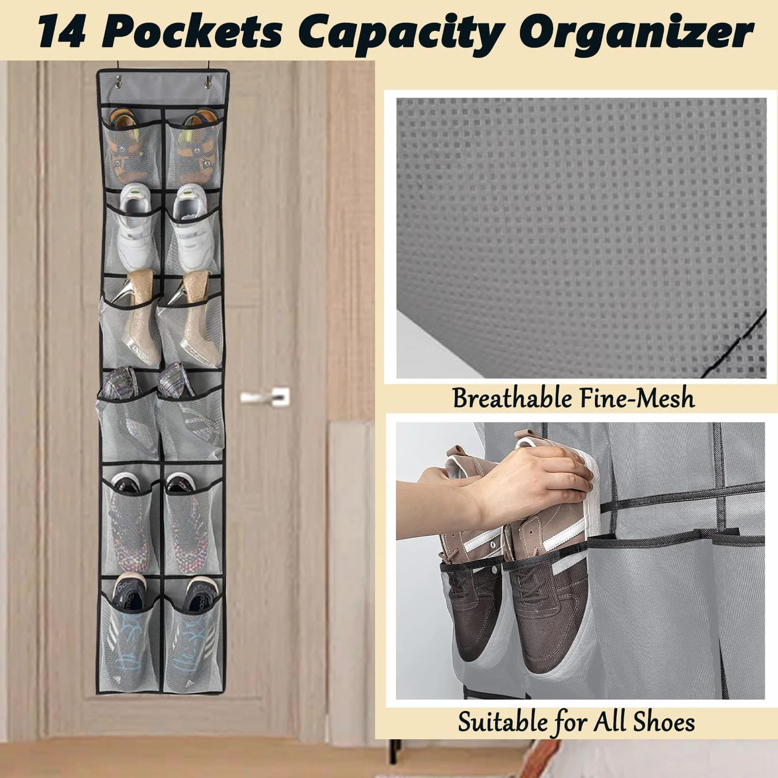 Scarpiera da Appendere Alla Porta con 14 Tasche, Scarpiera a Sospensione, Porta Scarpe da Armadio Salvaspazio, Organizer Pieghevole da Appendere con Può Riporre Scarpe, Articoli Vari
