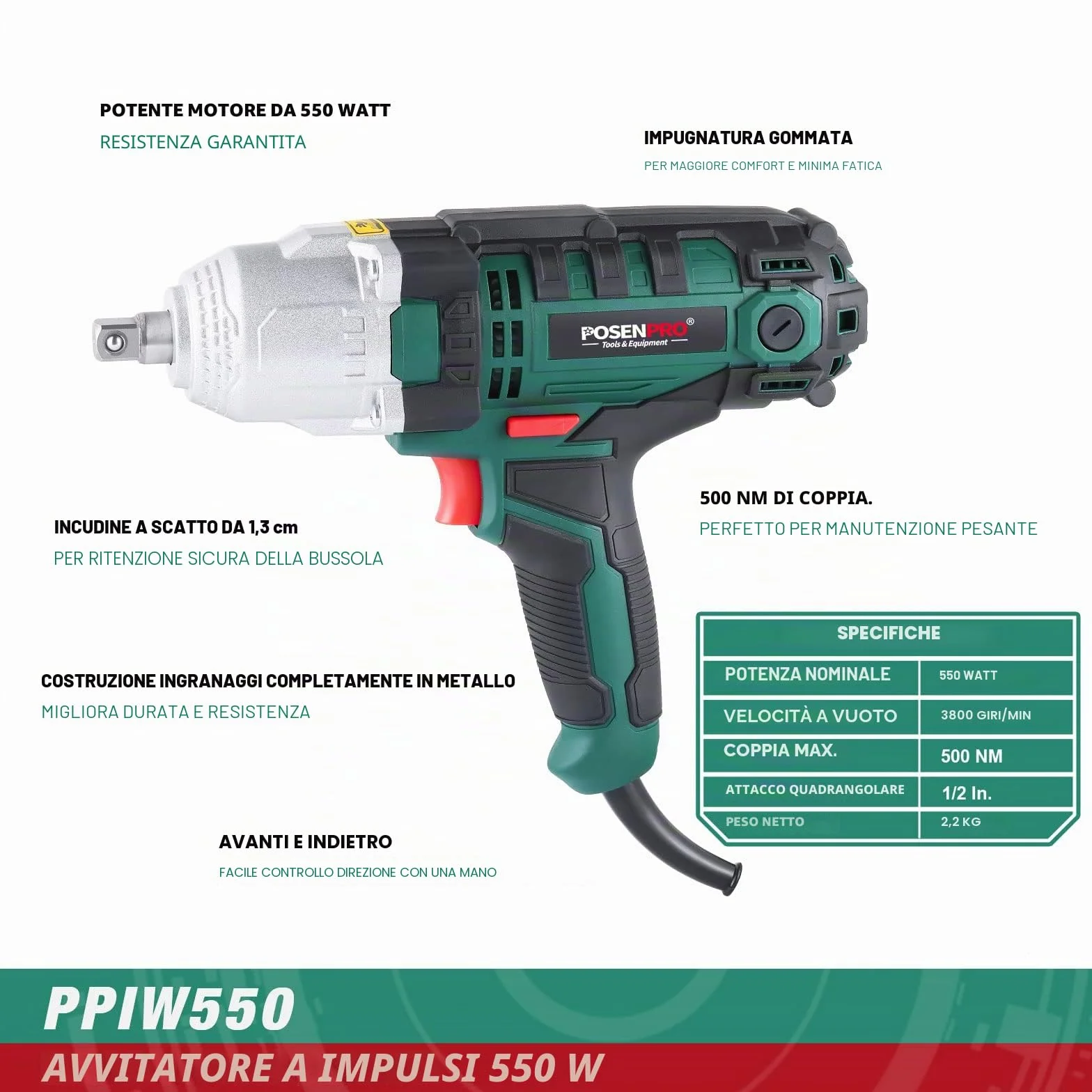 POSENPRO Avvitatore a impulsi 550 W 500 N.m 4 prese 17-22 mm