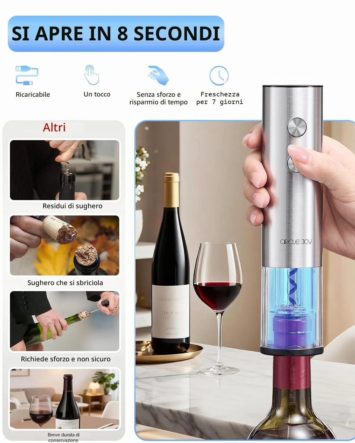 CIRCLE JOY Cavatappi elettrico con taglierina per capsula, apribottiglie in acciaio inox ricaricabile USB per casa e feste