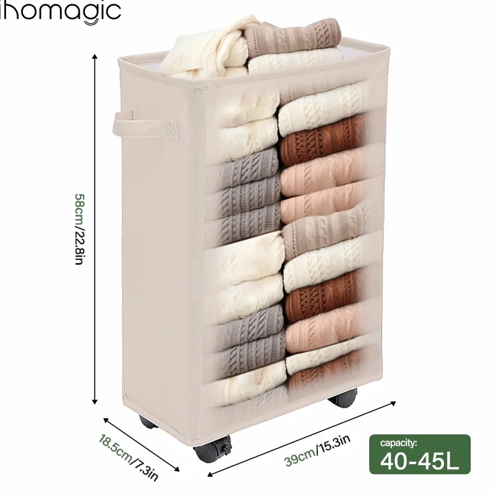 Cesto della Biancheria con Ruote 40L - Cesta del Bucato Sottile Pieghevole, Cesto Portabiancheria Rettangolare in Piedi, Sottile Secchi per La Biancheria per Hotel, Deposito Familiare (Beige)