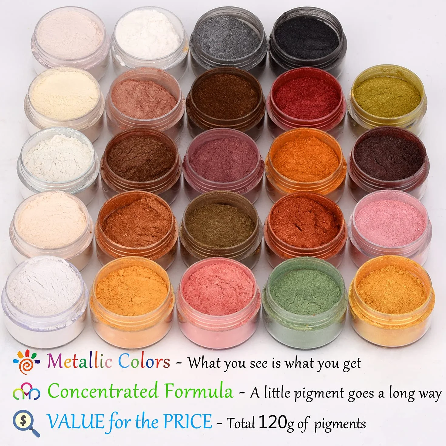 Pigmento in Polvere Metallico - 24 Colori x 5g Pigmento in Resina Epossidica Color Metallo per DIY Epoxy Resin, Pittura - Polvere Mica Scintillante Colorante per Sapone per Melma, Argilla Polimerica