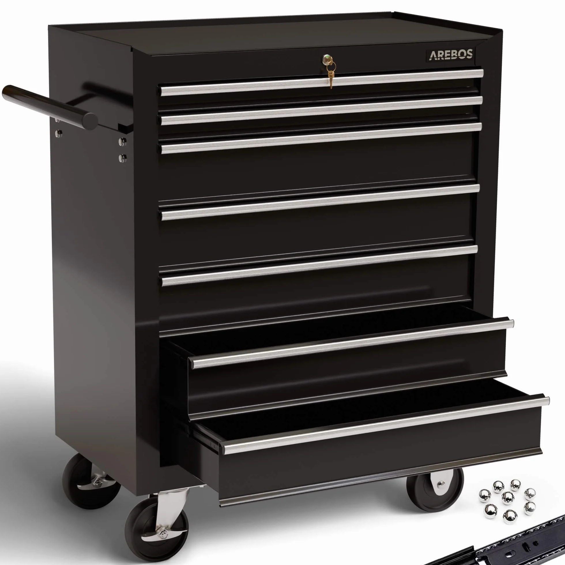 AREBOS carrello da officina con 7 scomparti | centrale chiudibile a chiave | rivestimento antiscivolo | ruote con Freno di stazionamento | massiccia metallo | Nero