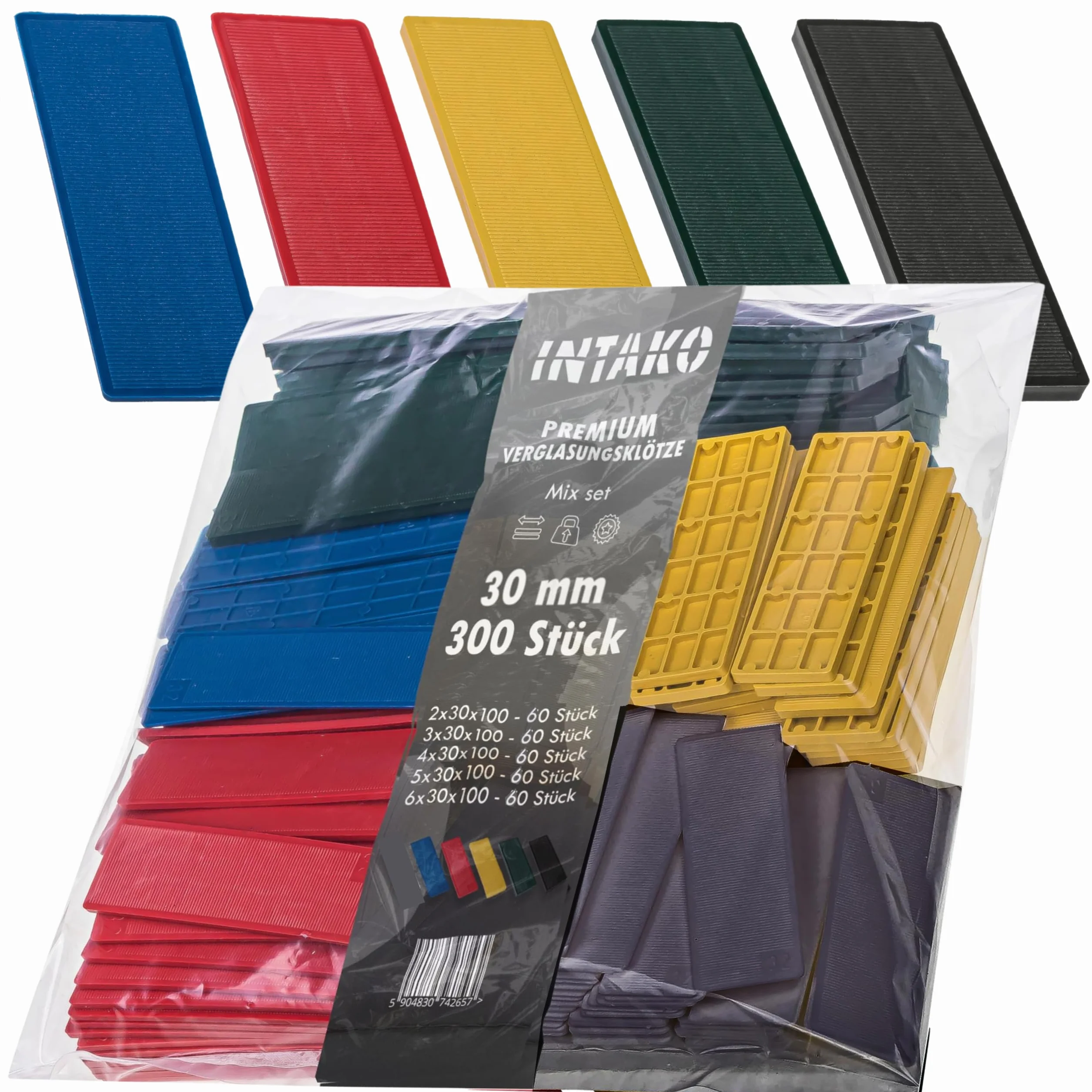 INTAKO Spessori in Plastica - 300 Pezzi 30 x 100 mm - Distanziali 2-6 mm - Set di blocchi per vetri - Cunei Per Piastrelle - Distanziatori per il Montaggio Finestre PVC - Spessore Per Mobili