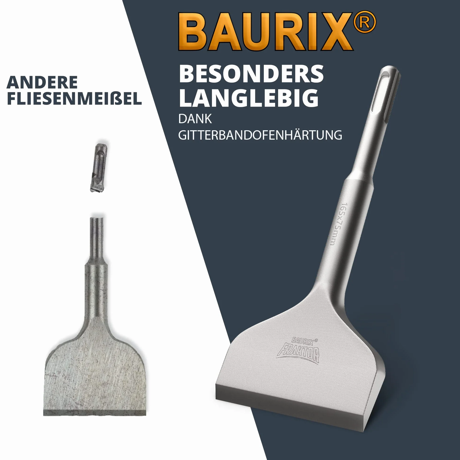 BAURIX® Scalpello SDS Plus - Sistema FRAKTOR® - Scalpello Piastrelle per rimozione delle piastrelle e adesivi per piastrelle senza sforzo - Scalpelli SDS Plus in acciaio speciale 42CrMo (165 x 75 mm)