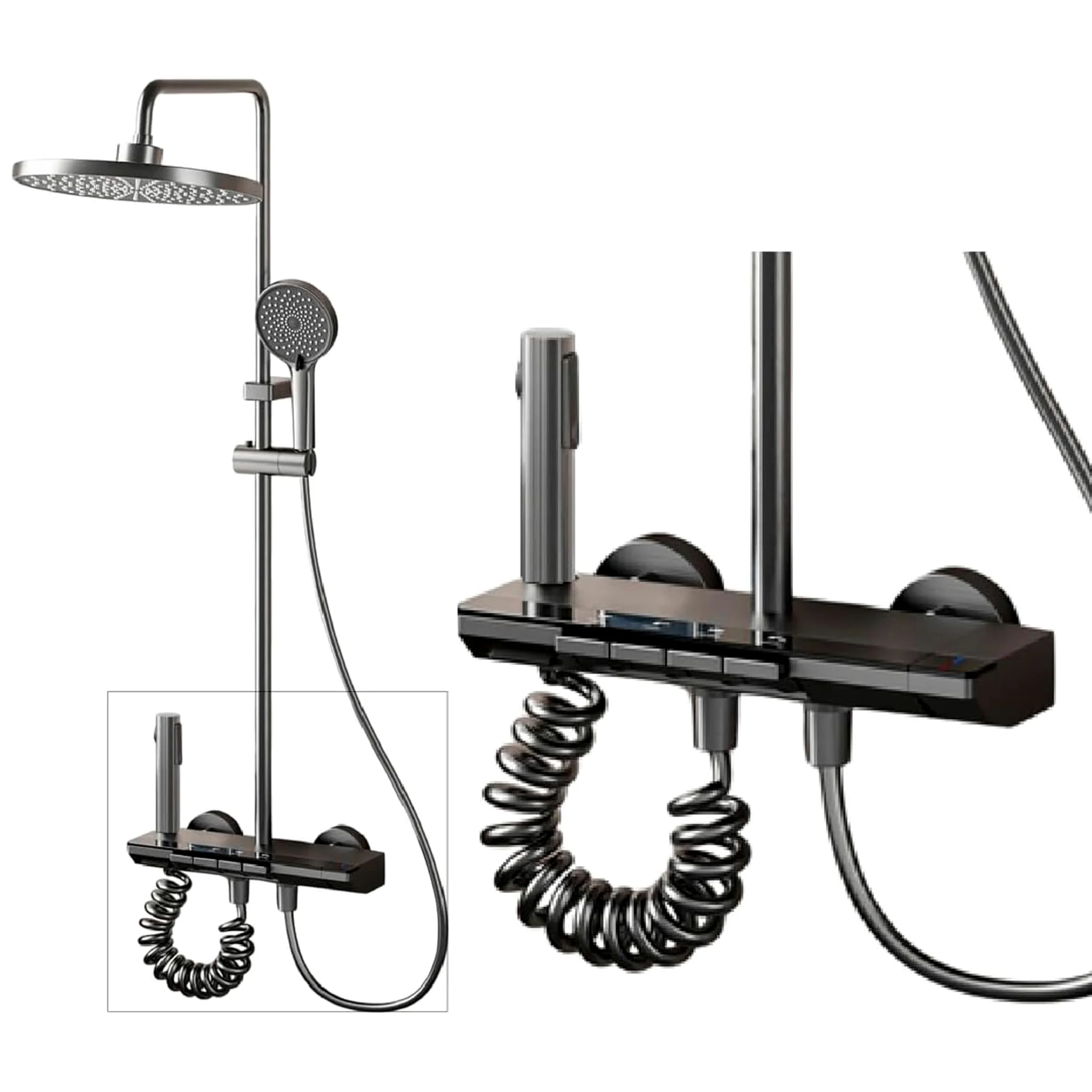 INEX EUROPA Colonna doccia nero grigio titanio con testa rotonda - colonna doccia 4 modalità e altezza regolabile - testa, getto, rubinetto e soffione doccia - 10 anni di garanzia