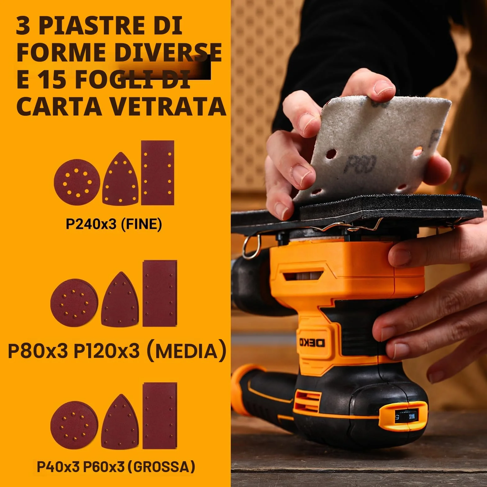DEKOPRO Levigatrice Orbitale 3-IN-1 300W 13000RPM 6 velocità con accessori