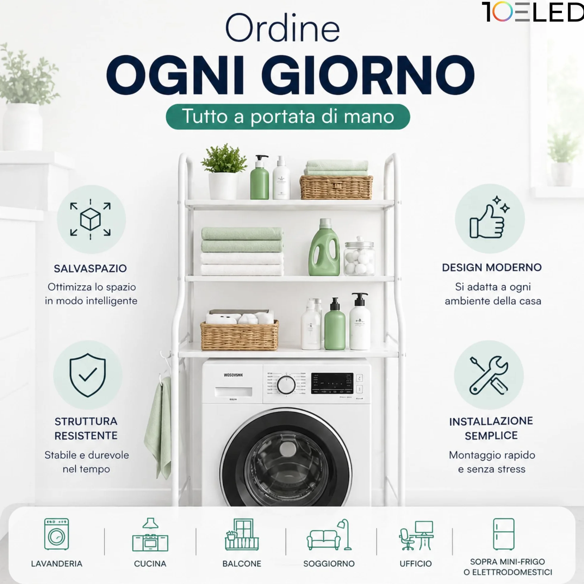 Mobile Lavatrice Salvaspazio con 3 Ripiani STABILE - Scaffale Organizer Bagno e Lavanderia in Acciaio - MONTAGGIO SEMPLICE con Ganci Laterali e Piedini REGOLABILI per Detersivi, Asciugamani e Altro