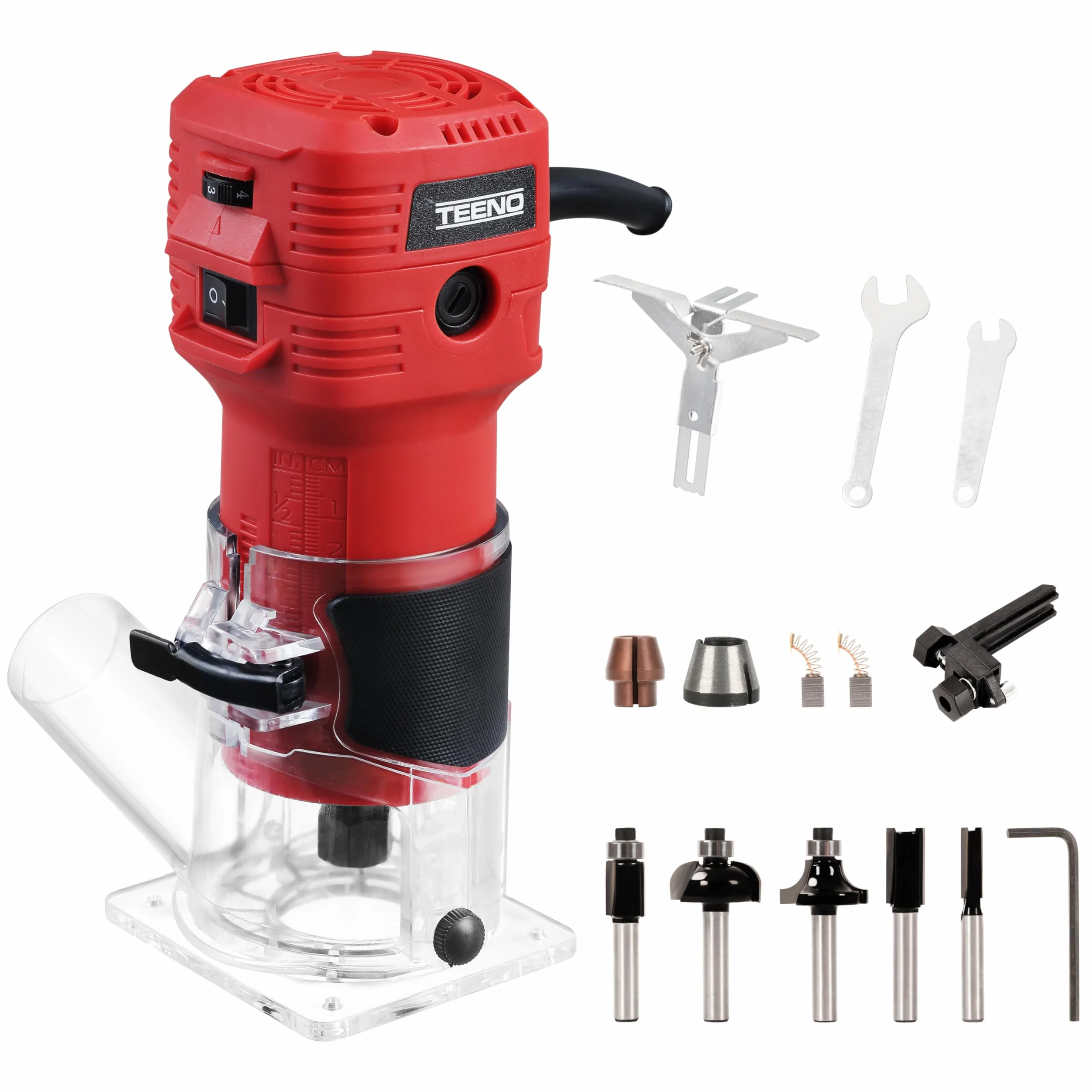 TEENO Rifilatore Fresatrice Verticale per Legno 800W 15000-32000 RPM Con Copertura Antipolvere, Legno Rifilatrice Elettrica Con 5 pezzi 1/4" Fresatura Cuter, 6 Velocità Variabili, Mandrino 6/6.35mm