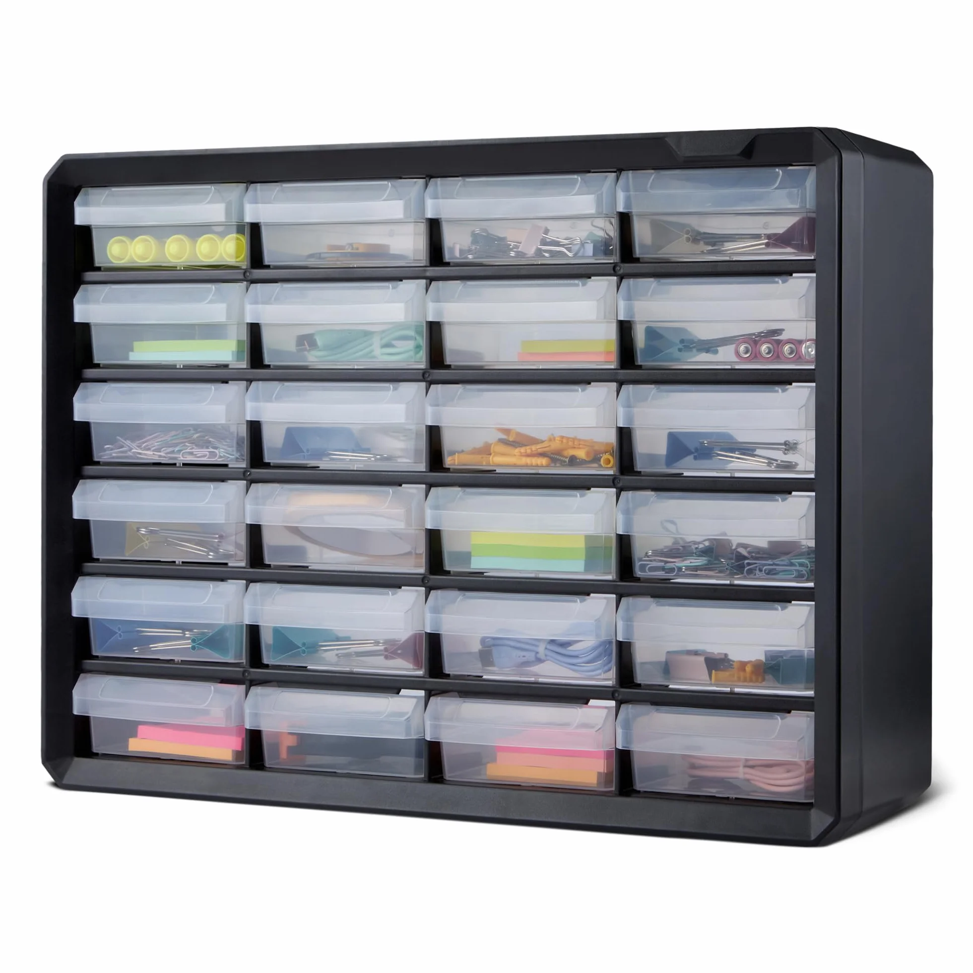 Amazon Basics Cassettiera Portaminuteria, Organizzatore in Plastica 24 Cassetti con Divisori per Ufficio/Attrezzi/Minuteria, Montabile a Parete, 16 x 54,1 x 40,1 cm, Nero