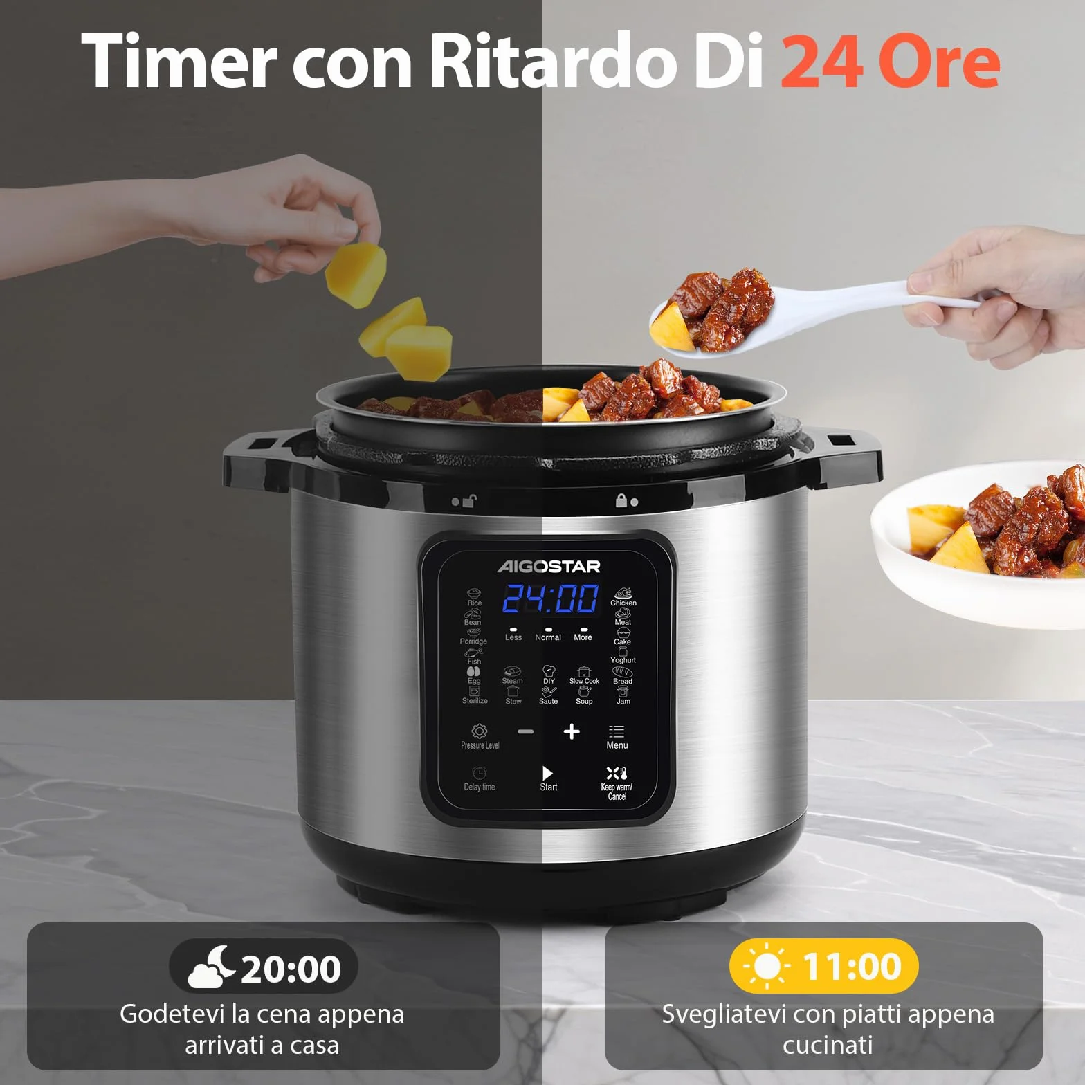 Aigostar Pentola a Pressione Elettrica 6L 1000W, 18 Programmi Automatici, 3 Livelli di Pressione Regolabili, 24H Timer, Funzione Mantieni Caldo, Display LED, Interno Antiaderente, Sliver