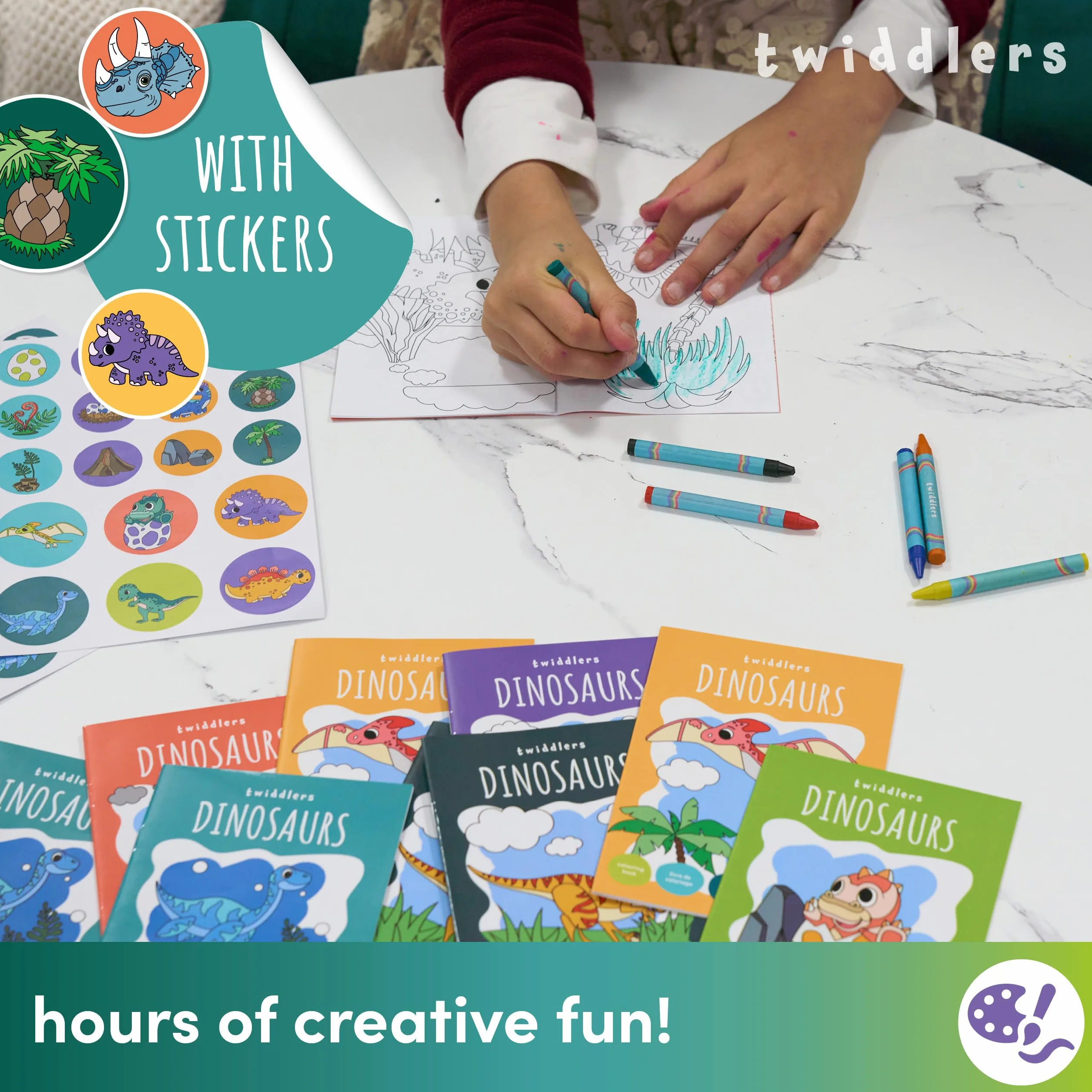 THE TWIDDLERS 36 Mini Libri da Colorare per Borse da Festa, con Adesivi - Tema Dinosauri, Mini Libri A6 per Bambini, Età 4-8 Anni, Piccoli Libri da Colorare Perfetti per Riempire le Borse da Festa