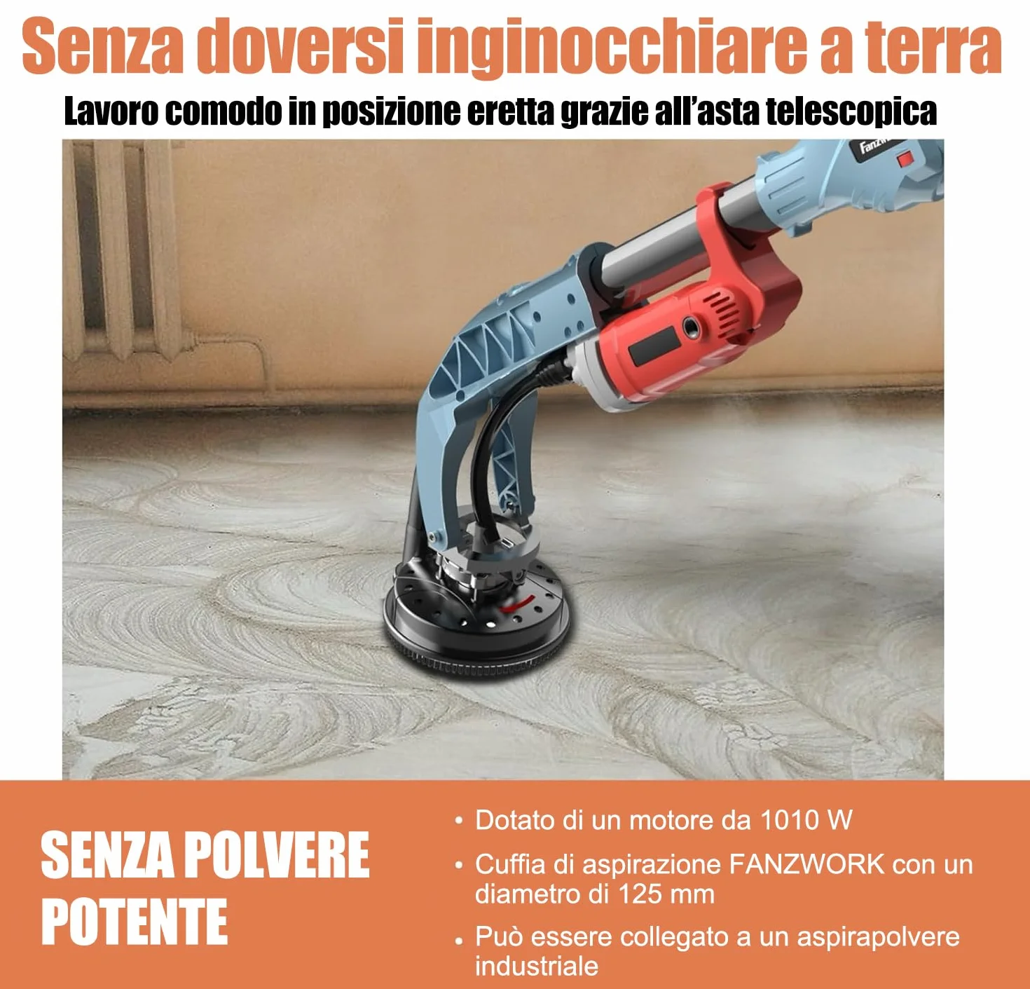 Levigatrice per calcestruzzo 1010 W asta telescopica 1,20 m testa diamantata 125 mm velocità regolabile