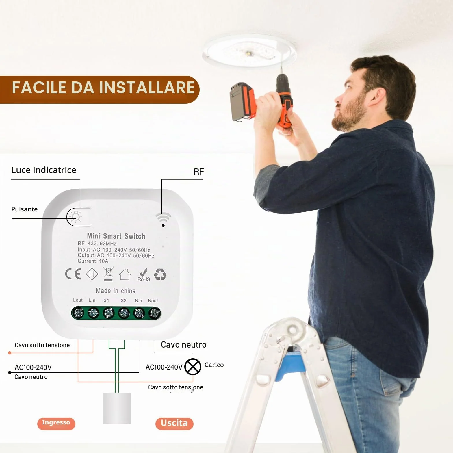 Interruttore Wireless 230v, Interruttore Senza Fili Kinetic Senza Batteria, Accensione Luci a Distanza Impermeabile, Wireless Switch Nessun Cablaggio Richiesto (1 ricevitore, 1 interruttori)