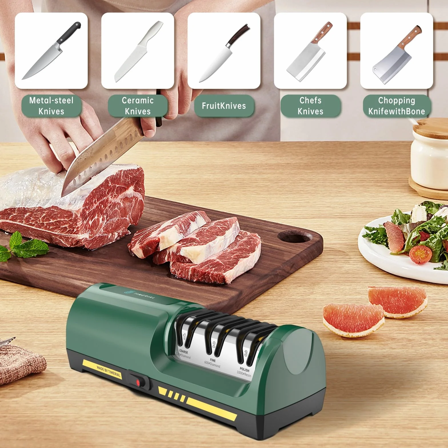 Affilacoltelli elettrico con disco abrasivo diamantato a 3 stadi e guida angolare di precisione a 15°, per affilare e lucidare coltelli da cucina in acciaio o coltelli in ceramica