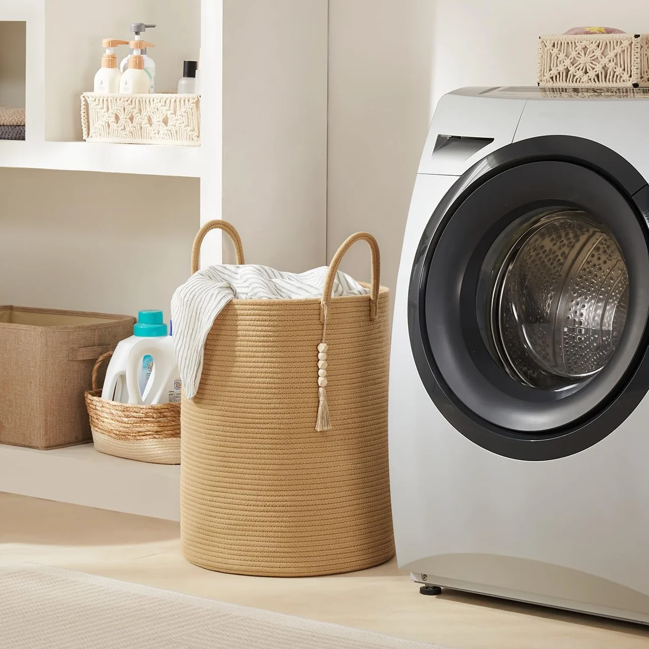YOUDENOVA Cesto Portabiancheria Intrecciato per Giocattoli,Cesto Biancheria Sporca con Maniglia Cotone, Cesta Decorativa per Vestiti 58L marrone puro