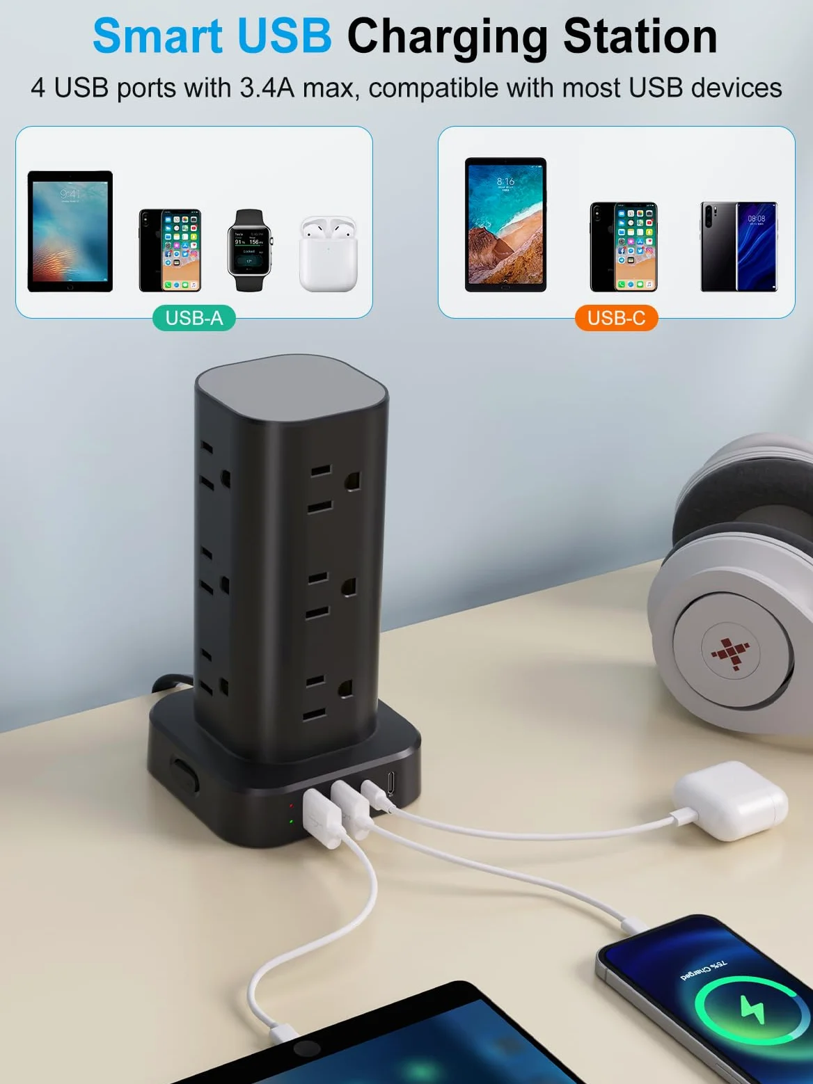 Ciabatta con caricabatterie wireless, protezione da sovratensioni a spina piatta con prolunga da 1,8 m, 12 prese multiple AC, 4 USB (2 USB C), Power Tower