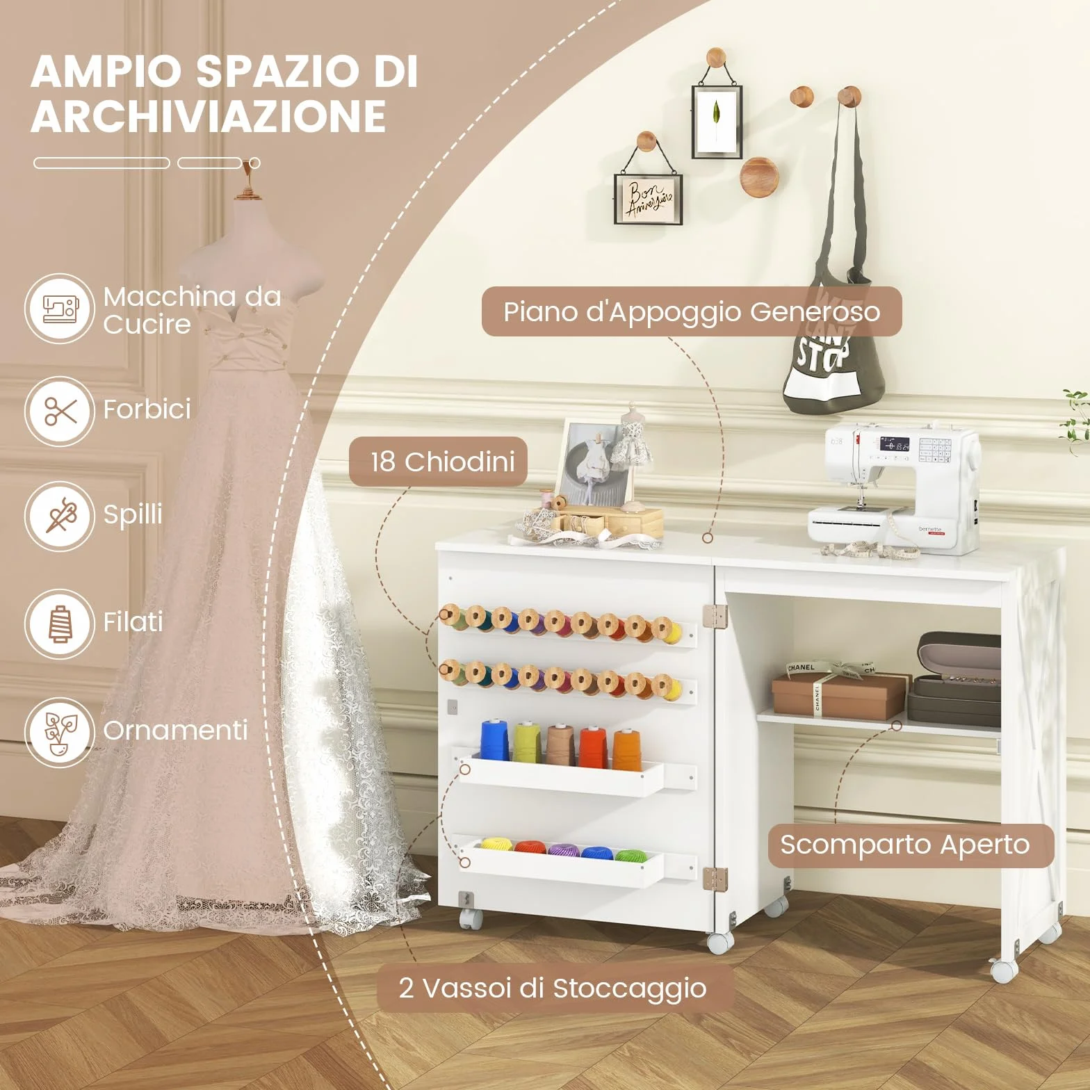 COSTWAY Tavolo per Macchina da Cucire Pieghevole, Tavolo per Cucito con Ripiano di Stoccaggio, 2 Vassoi, 18 Ganci, Porta a Impacchettamento e 5 Ruote Bloccabili per Spazi Ridotti (Bianco)