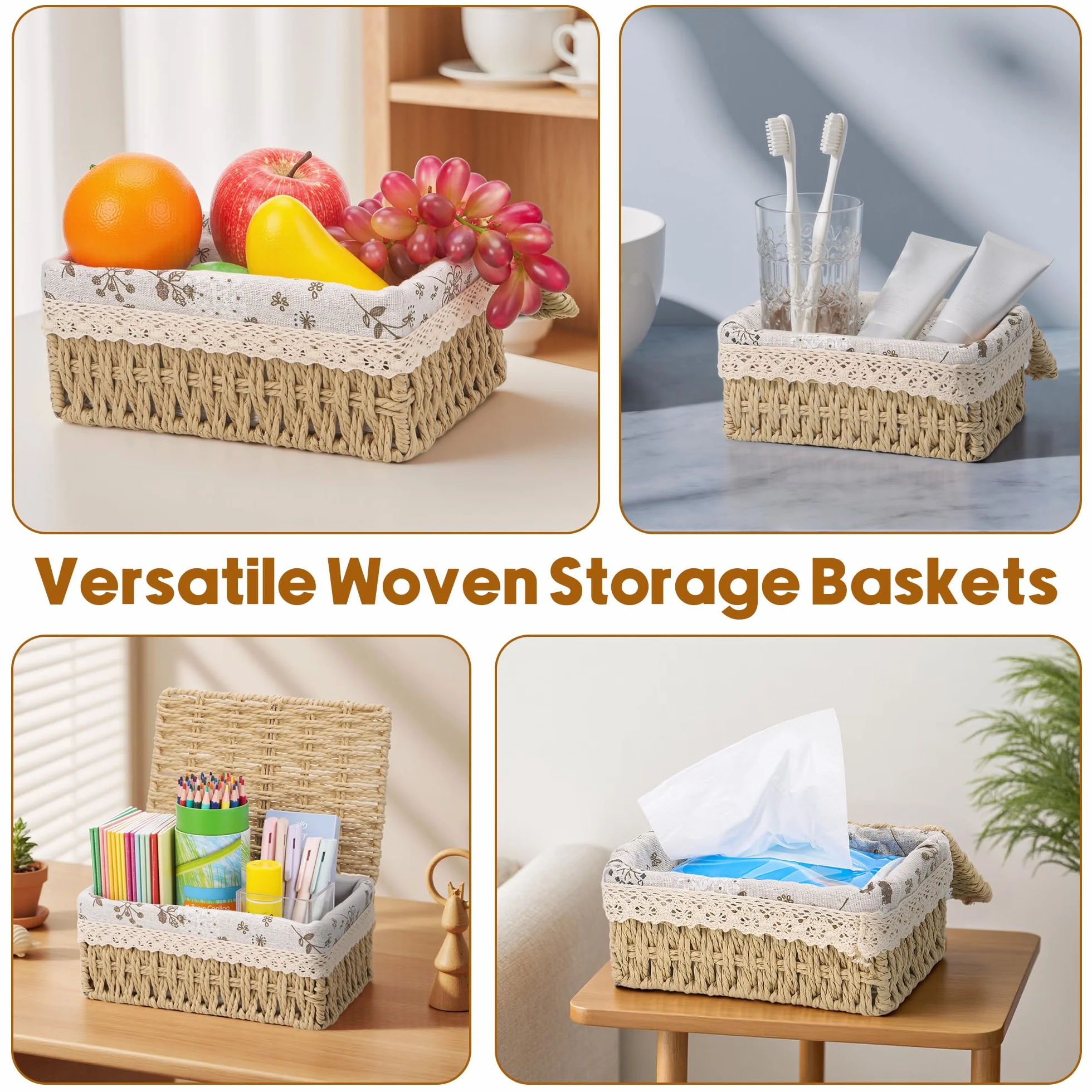 Starvortex Set di 3 Cestino Portaoggetti con Coperchio, Cestini Vimini Intrecciato a Mano, Cestini Lavabili con Fodera Rimovibile, Cestino Organizzazione per Cucina, Bagno