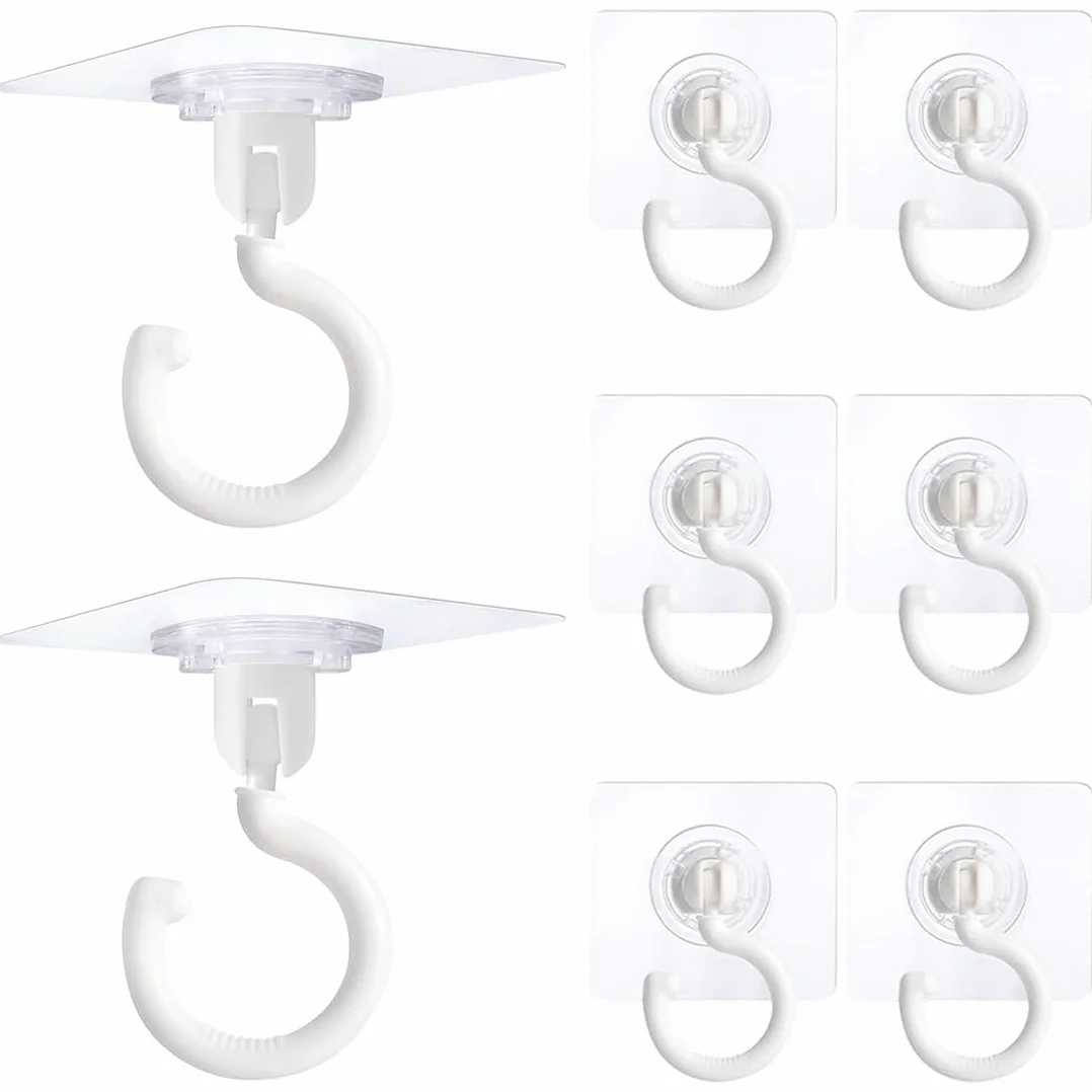 Gancio Girevole da Soffitto Autoadesivo 360° Non Foratura Impermeabile per Asciugamani Bagno Tende Cucina Ufficio 8 Pezzi Bianco
