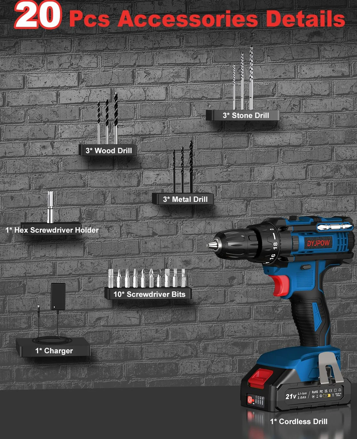 Trapano Avvitatore Batteria 21V, Avvitatore a Batteria con Batterie da 2.0Ah, 42N.m di Coppia, 2 Velocità, 18+1 Coppia, 22 Accessori, Luce a LED, Per il fai da te, in Casa e Giardino, Blu