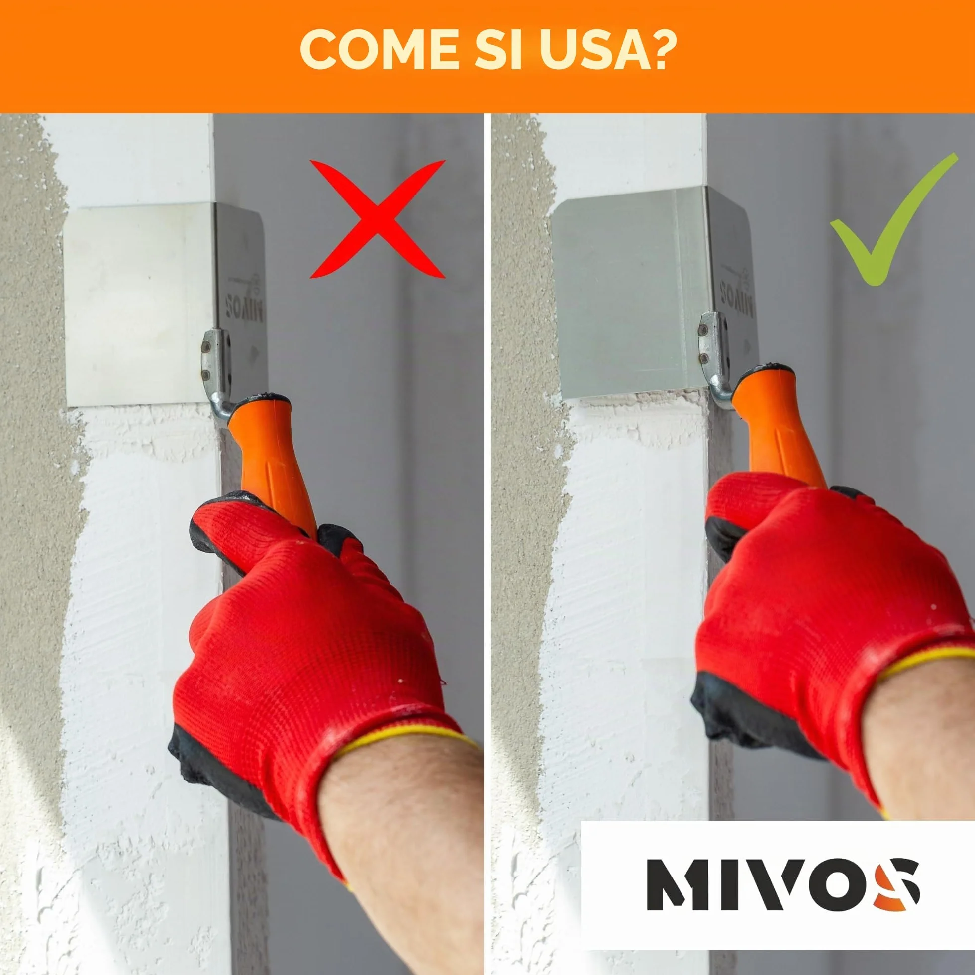 Mivos 2 x Spatole Angolari Antiruggine 80 x 60 mm - Cazzuola Angolare Interna ed Esterna in Acciaio Inox - Cazzuola per Bordi Interni ed Esterni con Impugnatura Morbida - Spatola Angolare per Stucco
