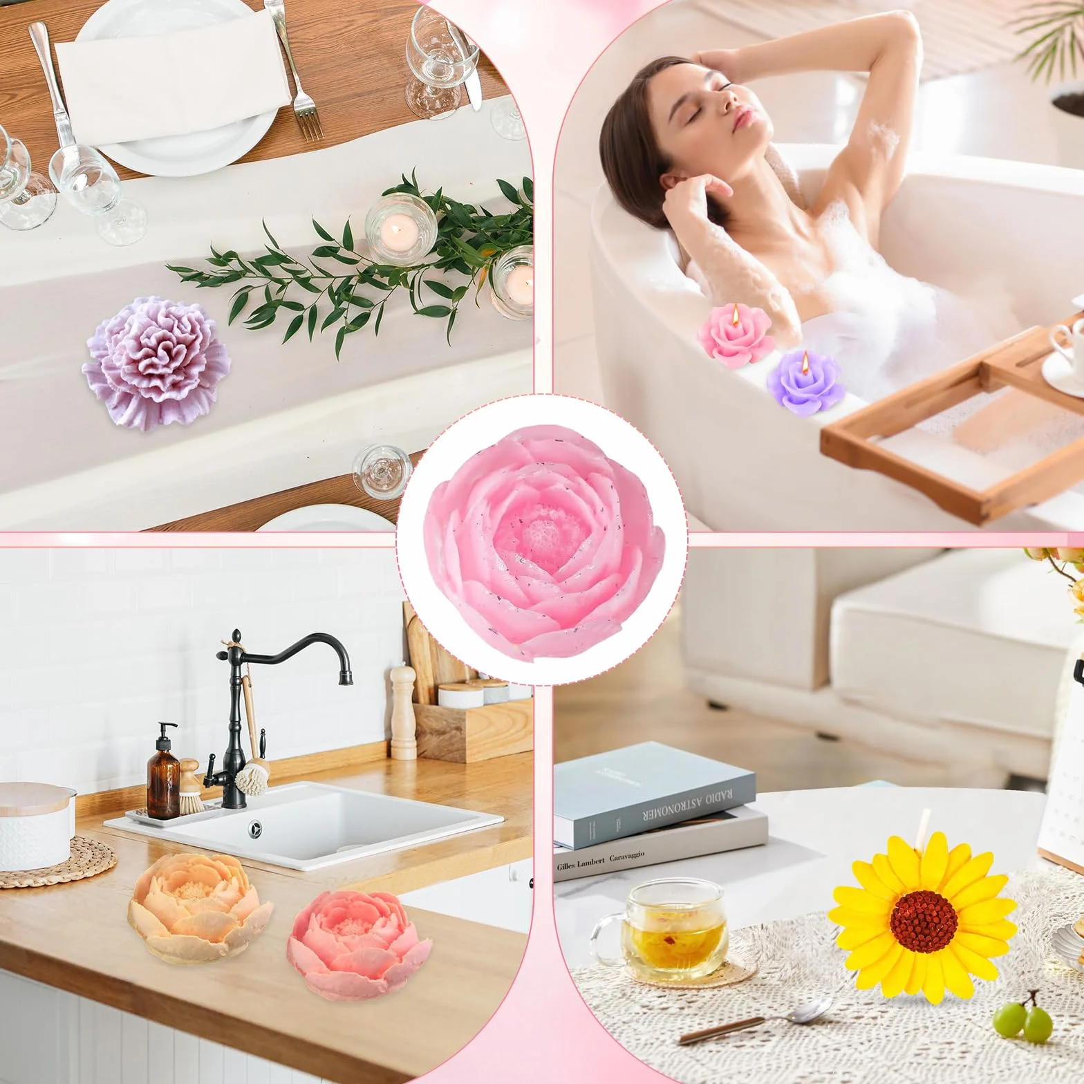 4 Pezzi Stampi in Silicone per Candele a Forma di Fiore, Stampi in Silicone per Candele, Stampo per Candele per la Creazione di Candele Fai da Te, Saponi, Decorazioni per la Casa, Artigianato in Gesso
