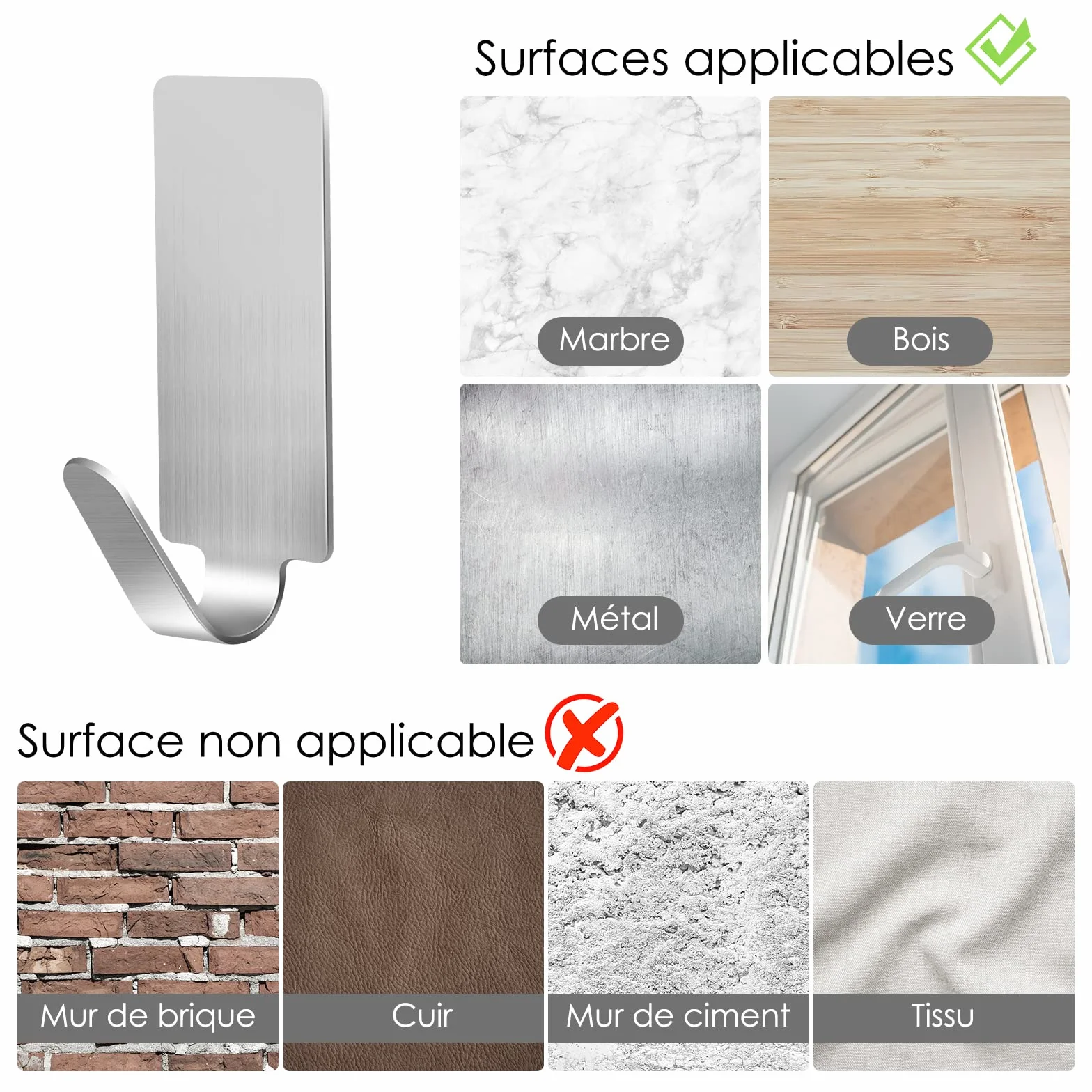 Ganci Adesivi da Parete in Acciaio Inossidabile, Appendini per Cucina Bagno Senza Perforazione, 12 Pezzi