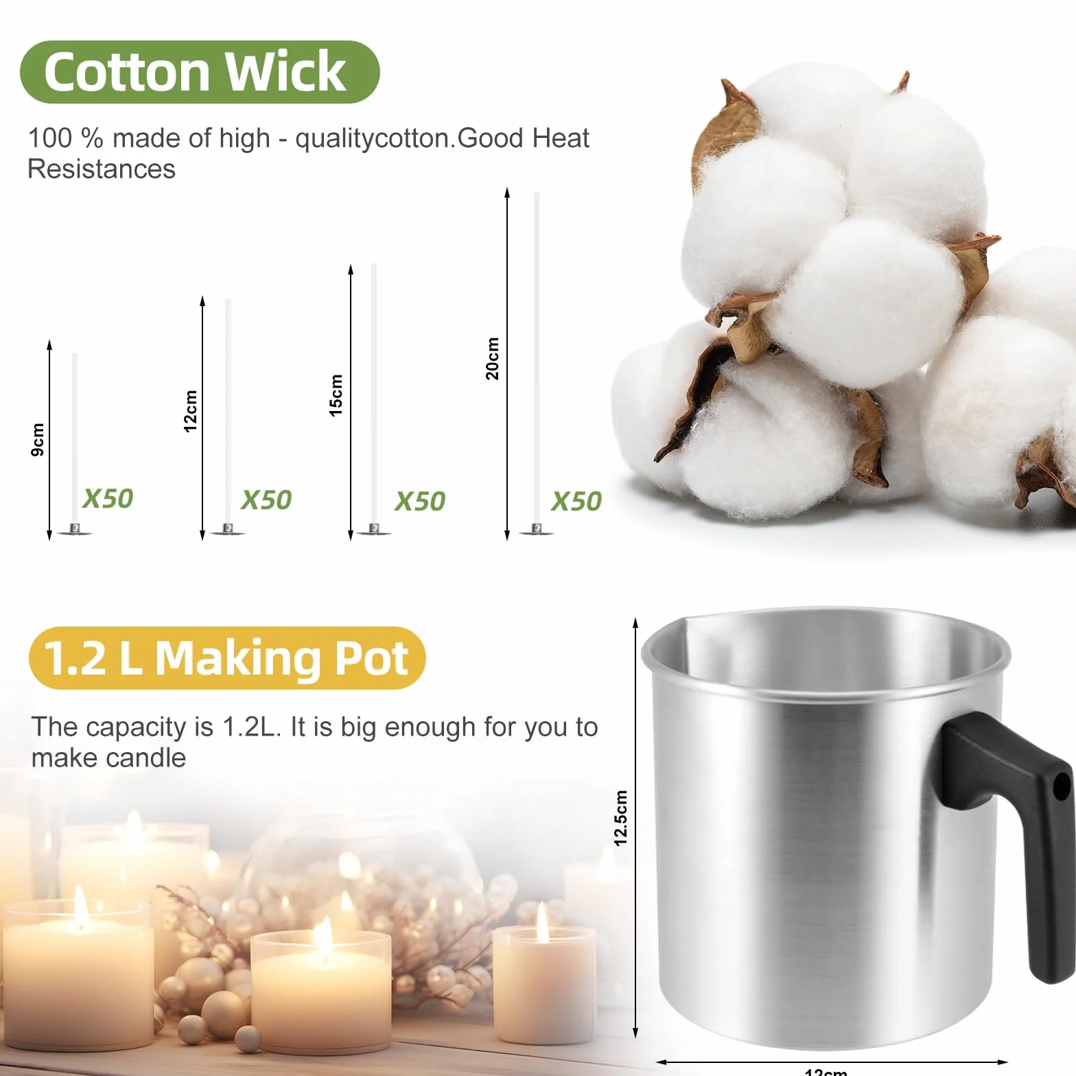 SAMISO Set di candele fai da te, kit per la produzione di candele, 8 colori delle candele, vaso da 1,2 l e stoppino per candele, 4 lunghezze