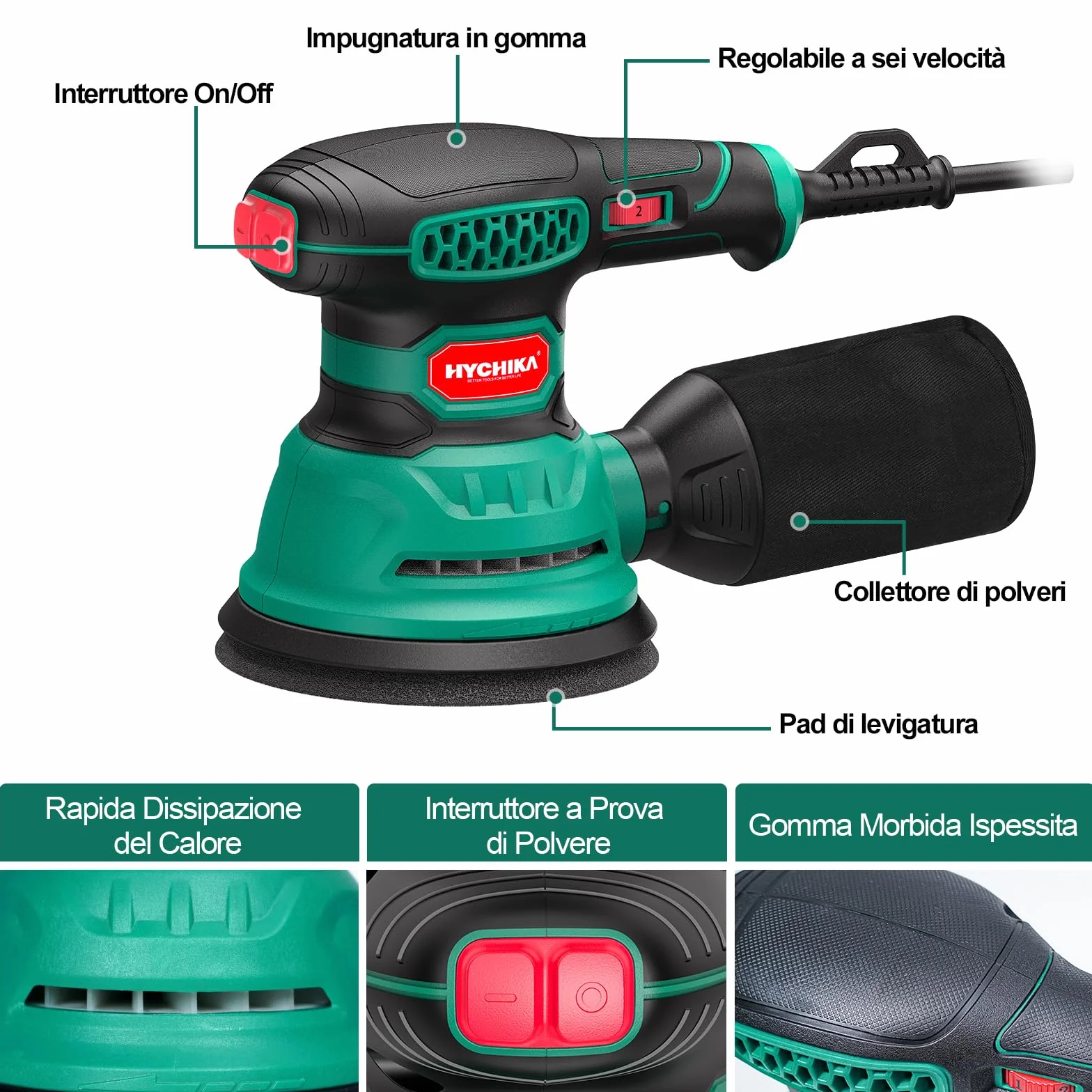 HYCHIKA Levigatrice Orbitale 300W 12000OPM 6 Velocità 16 Pezzi Dischi Abrasivi 125 Frenata Rapida