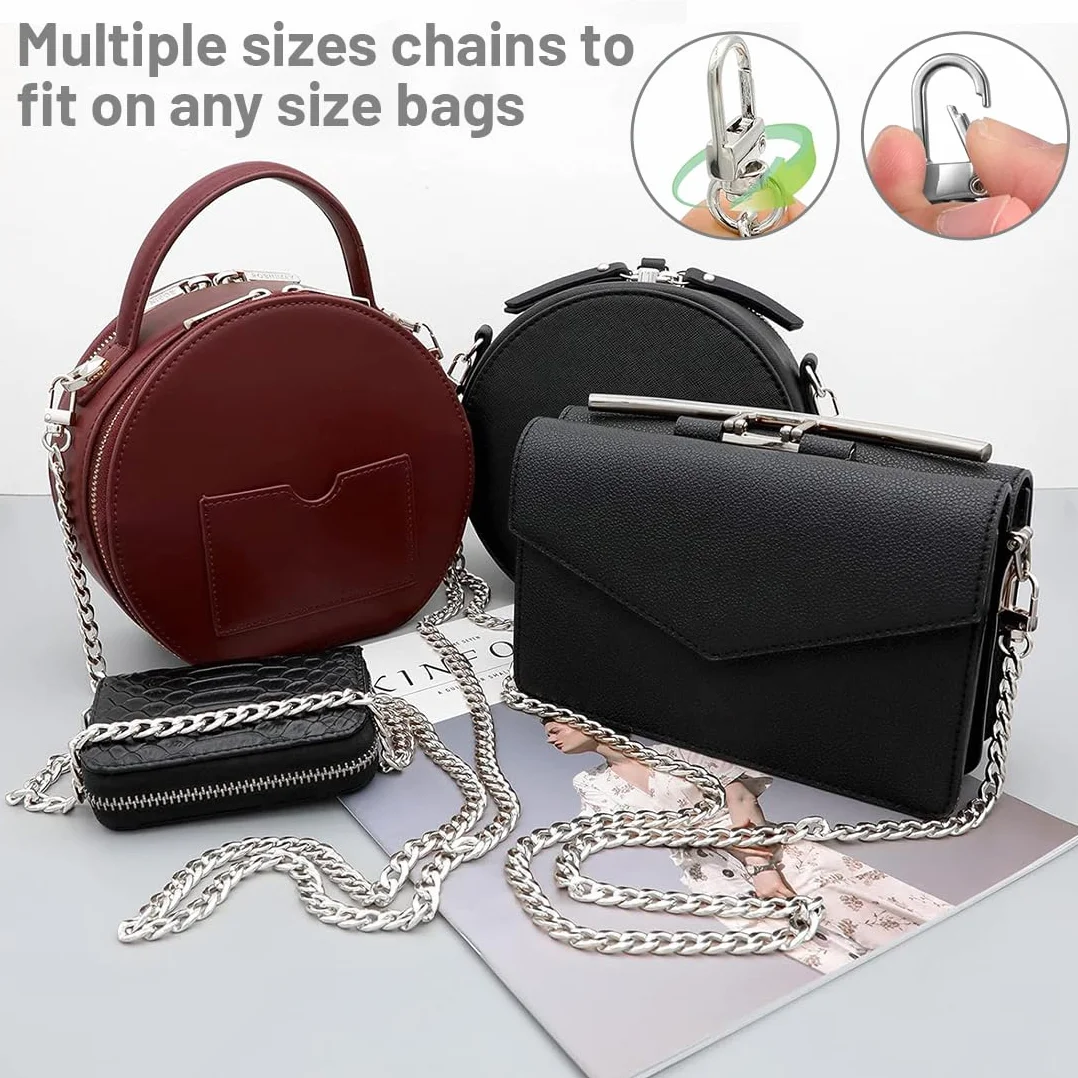 3 Pezzi Catena per Borsa a Tracolla Set, per Borsa in Metallo, Tracolla per Borse, Sostituzione Cinghia a Spalla, per Portafoglio con Fibbie - 40/60/120cm, Argenteo