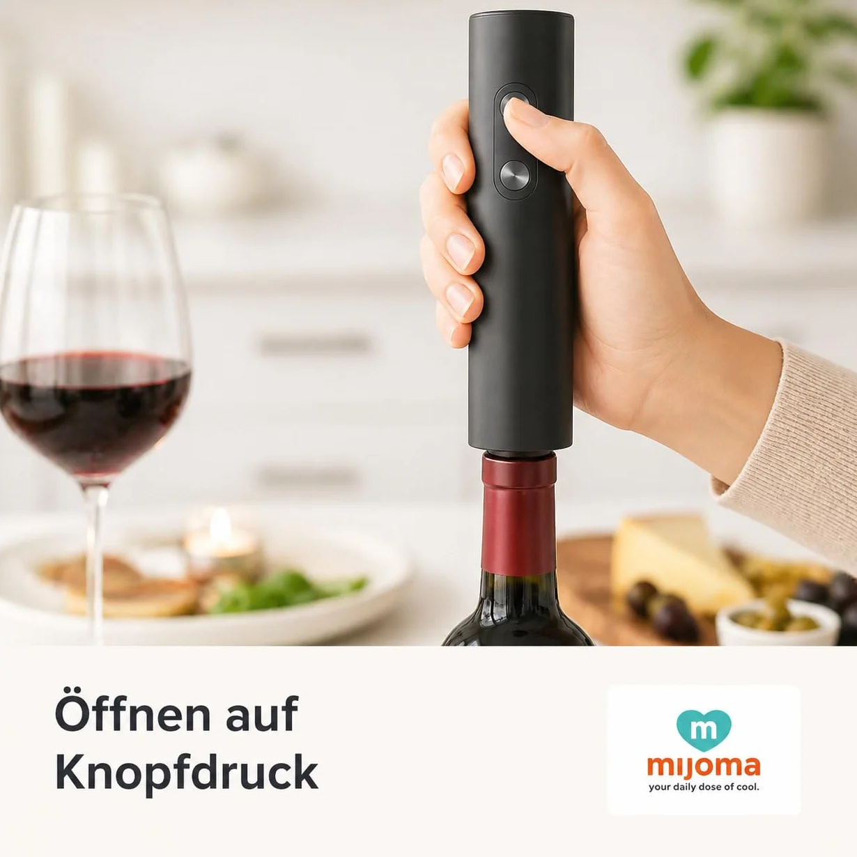 MIJOMA Apribottiglie elettrico nero - Cavatappi automatico in ABS per bottiglie di vino, cene, bar e cucina