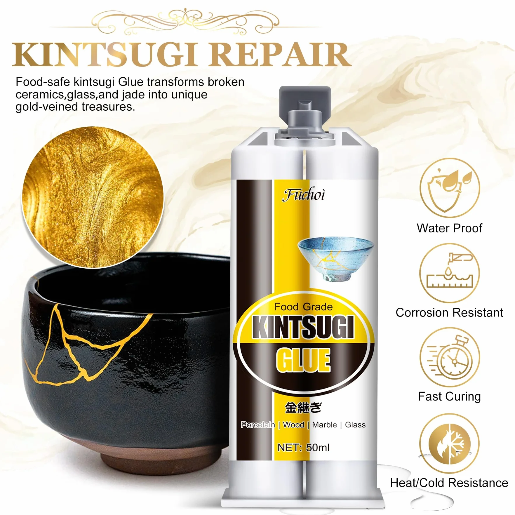 Kit di Riparazione Kintsugi Nuovo, Kit Kintsugi Giapponese con 50ml Colla Ceramica per Alimenti, 4 Colori Polveri (Oro/Argento/Mica) per Riparare Ceramica/Porcellana/Gioielli/Vetro, Per Principianti
