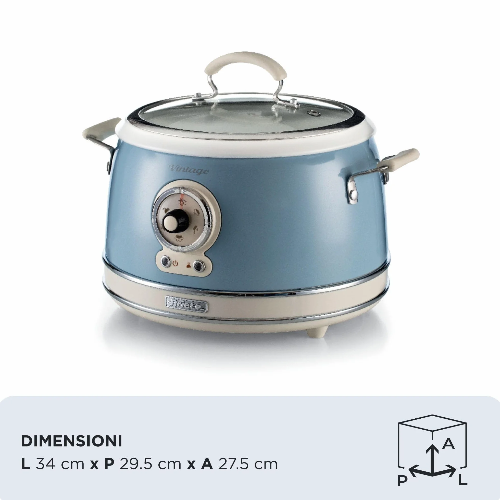 Ariete 2904 Rice Cooker + Slow Cooker - Cuociriso Elettrico con bowl in ceramica - Sushi fatto in casa - Multicooker - Linea Vintage - 3,5 L - 700 W - Celeste