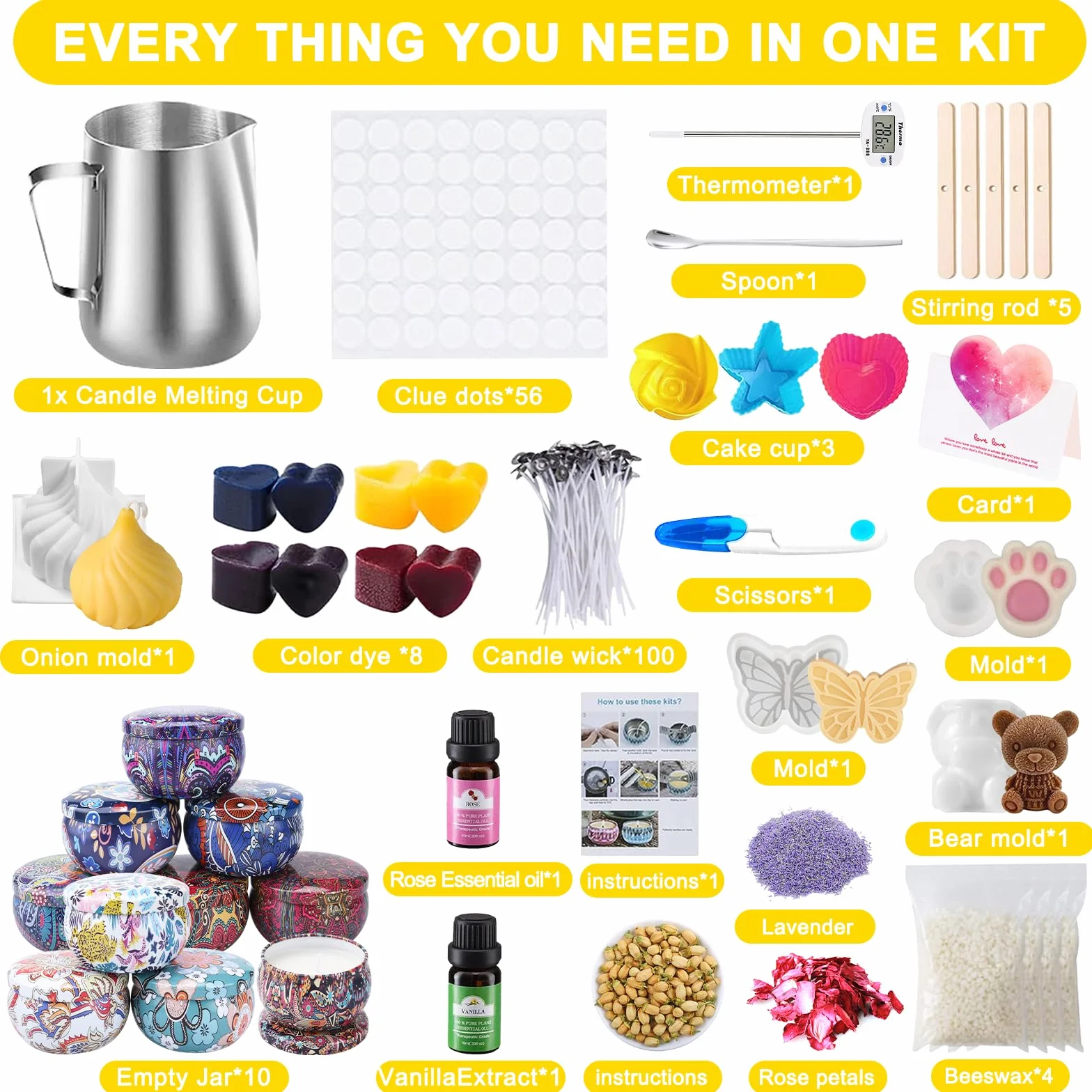 UCAMP Kit per Realizzare Candele,Kit per Candele Fai da Te per Fabbricazione Candele Profumate per Principianti Candele Kit,tra 10 Cui Lattine per Candele,Stoppini,Pentola