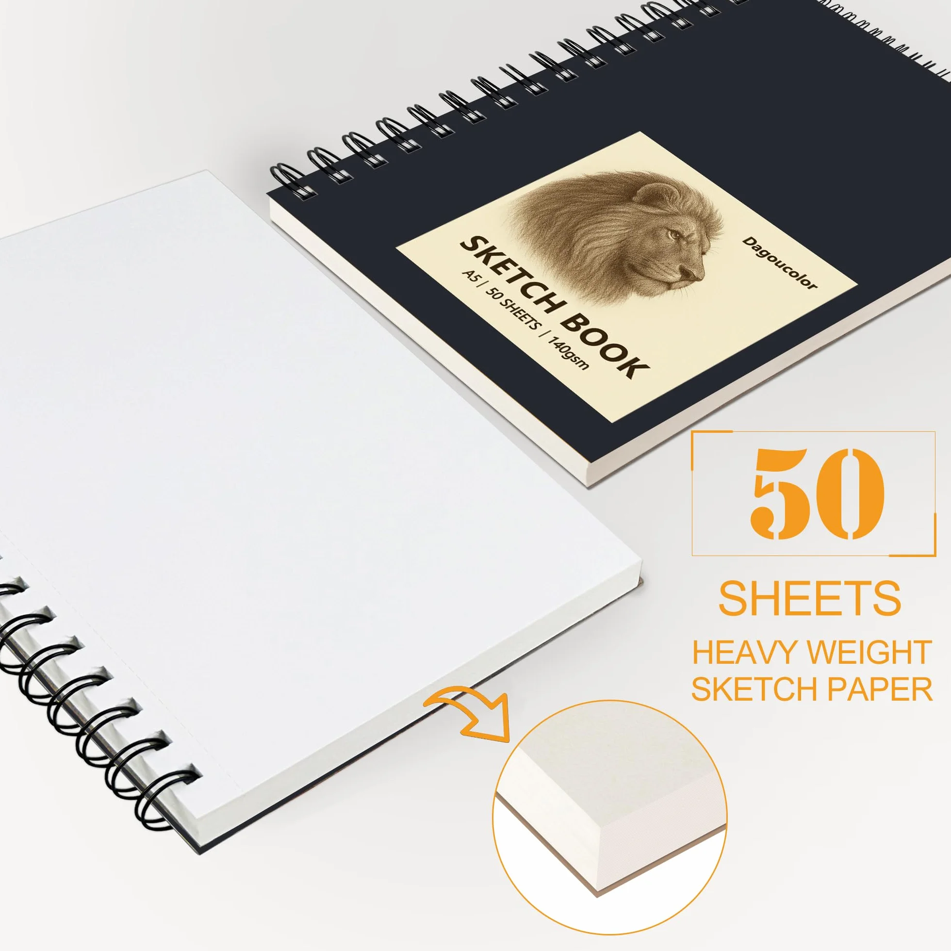 DagouColor Quaderno da Disegno Schizzo, 1 Pack, 50 Fogli (100 Pagine), A5 Spiral Carta da Disegno Senza Acido, 140GSM Sketch Pad per Artisti Principianti Adulti Bambin
