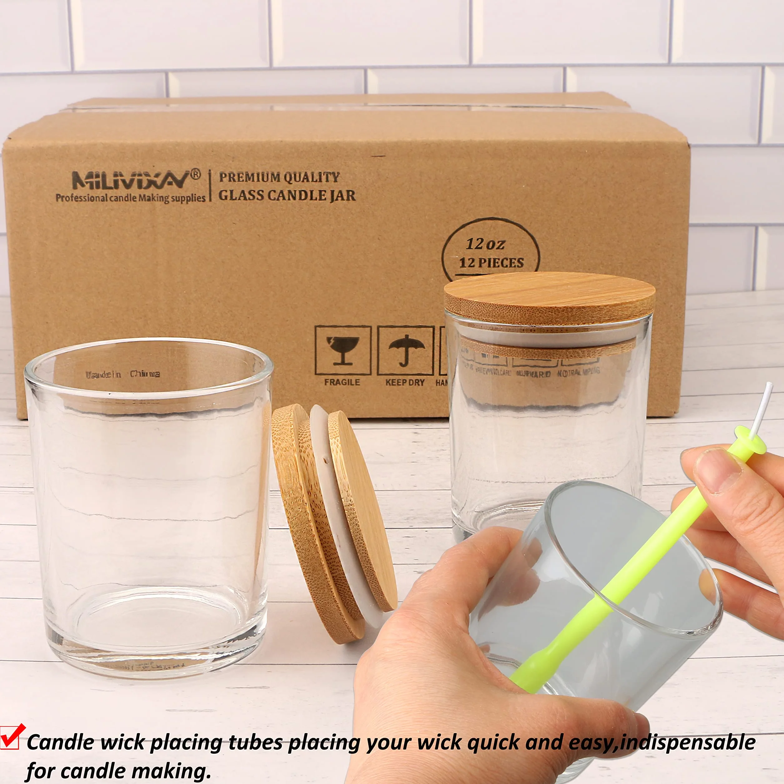 MILIVIXAY - Confezione da 12 barattoli per candele, in vetro trasparente, 355 ml, con coperchio e kit per la creazione di candele, vuoti, contenitori per spezie e polveri