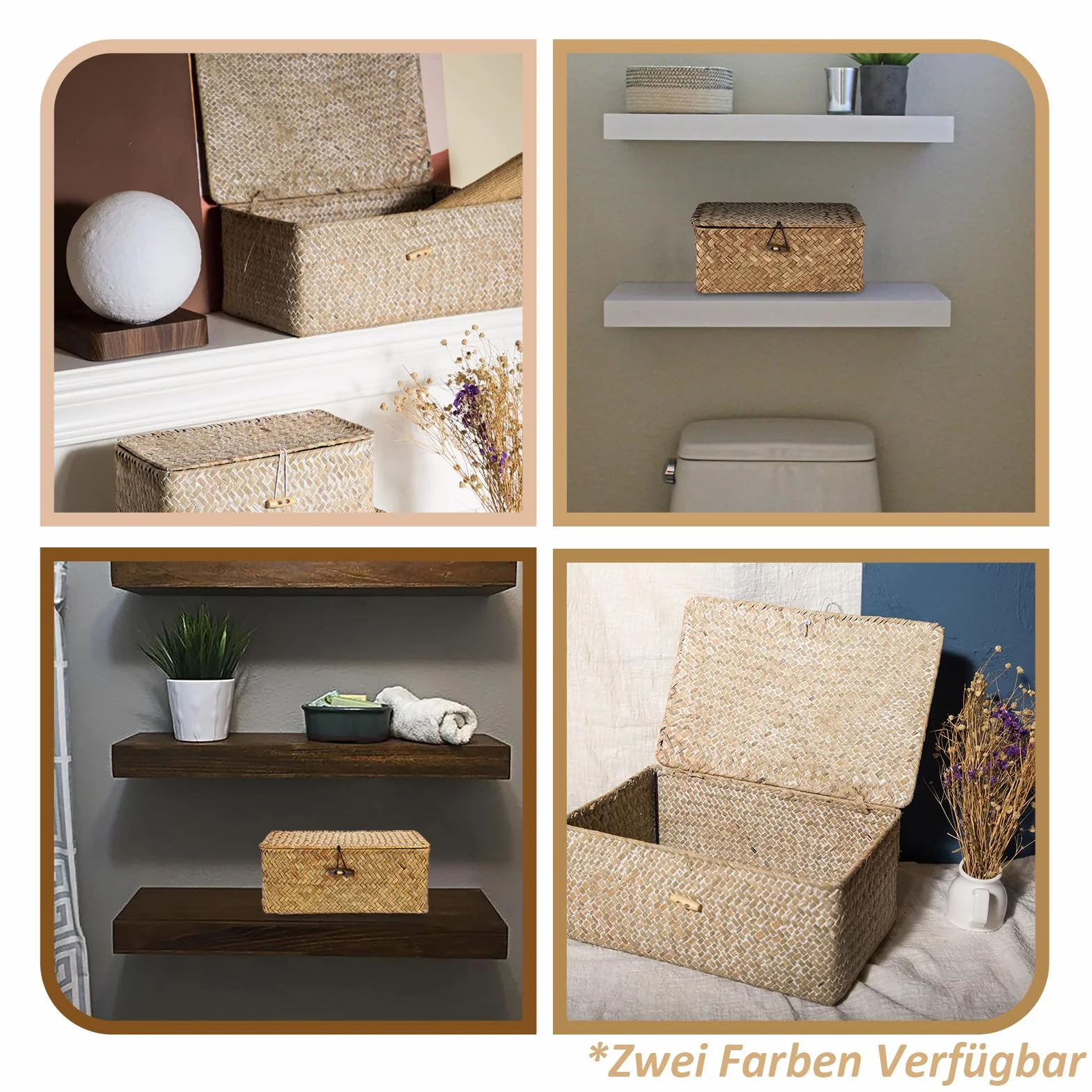 Cesto Portaoggetti in Rattan Intrecciato Rettangolare con Coperchio, Organizer Multifunzionale per Trucchi e Abbigliamento (M, Bianco)