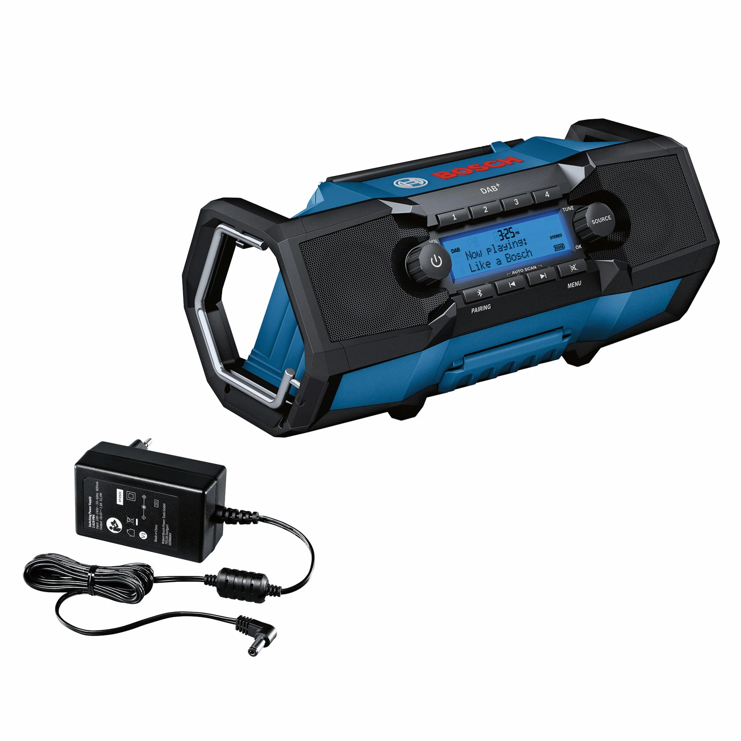 Bosch Professional 18V System Radio da cantiere a batteria GPB 18V-2 SC (ricezione tramite DAB+, Bluetooth, FM e AUX, incl. 1 alimentatore, 1 cavo AUX, 1 batteria a bottone al litio da 3V CR2032)