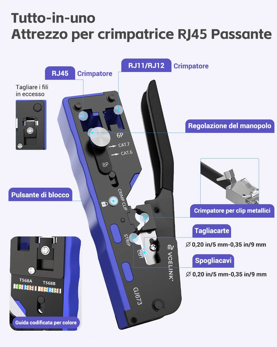 VCELINK Kit Strumenti di Rete con Crimpatrice RJ45 Passante, Compatibile CAT7/CAT6A/CAT6/CAT5E/CAT5, con 20 Pezzi Connettori Schermati, Tester LAN e Mini Spelafili, Borsa Portatile