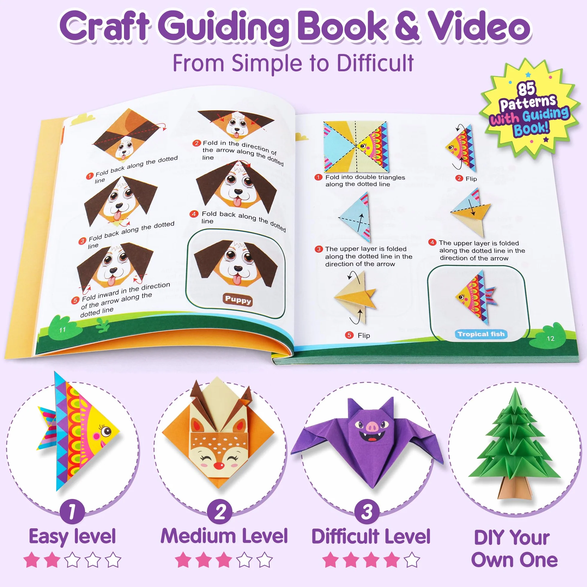 Mocoosy Kit di 320 fogli per origami per bambini dai 5 agli 8 anni e dai 9 ai 12 anni, set di aerei di carta, insieme di carta pieghevole colorata con libro di origami, arte e artigianato per ragazzi
