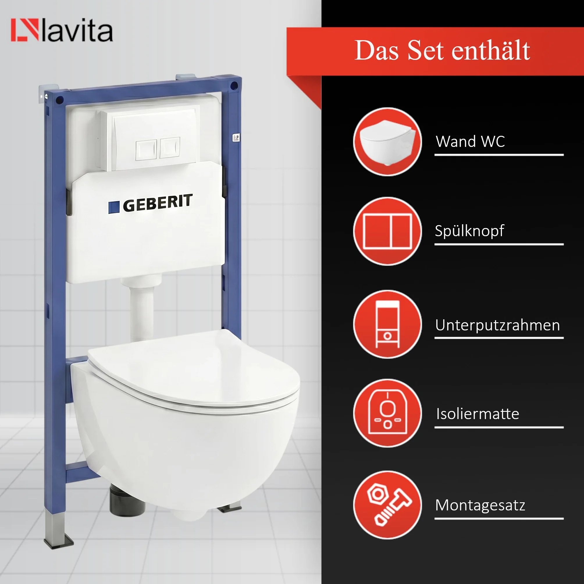 Lavita Duofix Basic Elemento a parete + Lavita WC a scarico profondo Dalia Bianco senza bordo + Sedile WC con chiusura automatica + Pannello di comando Delta 25 Pulsante bianco Set completo